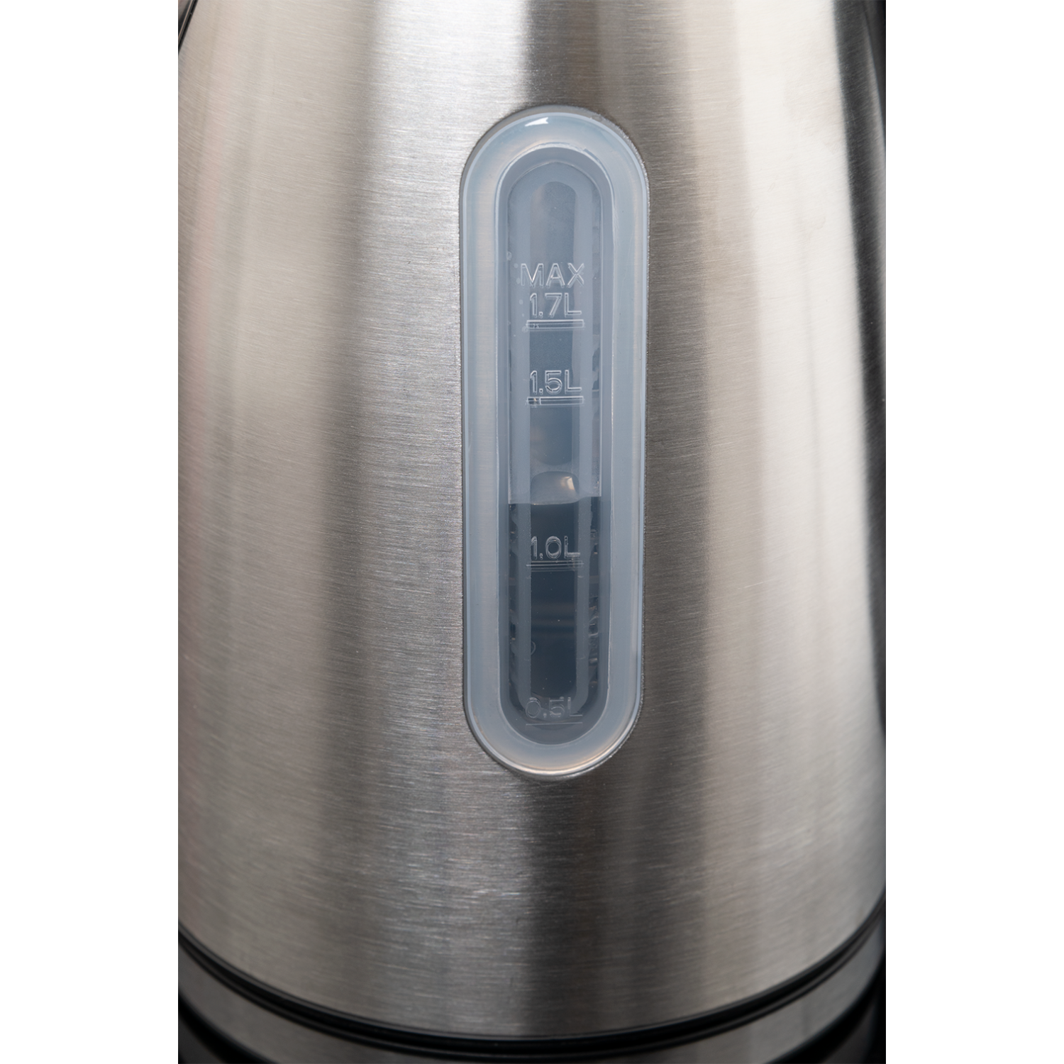 Stainless steel electric kettle with a water level indicator showing the water amount.