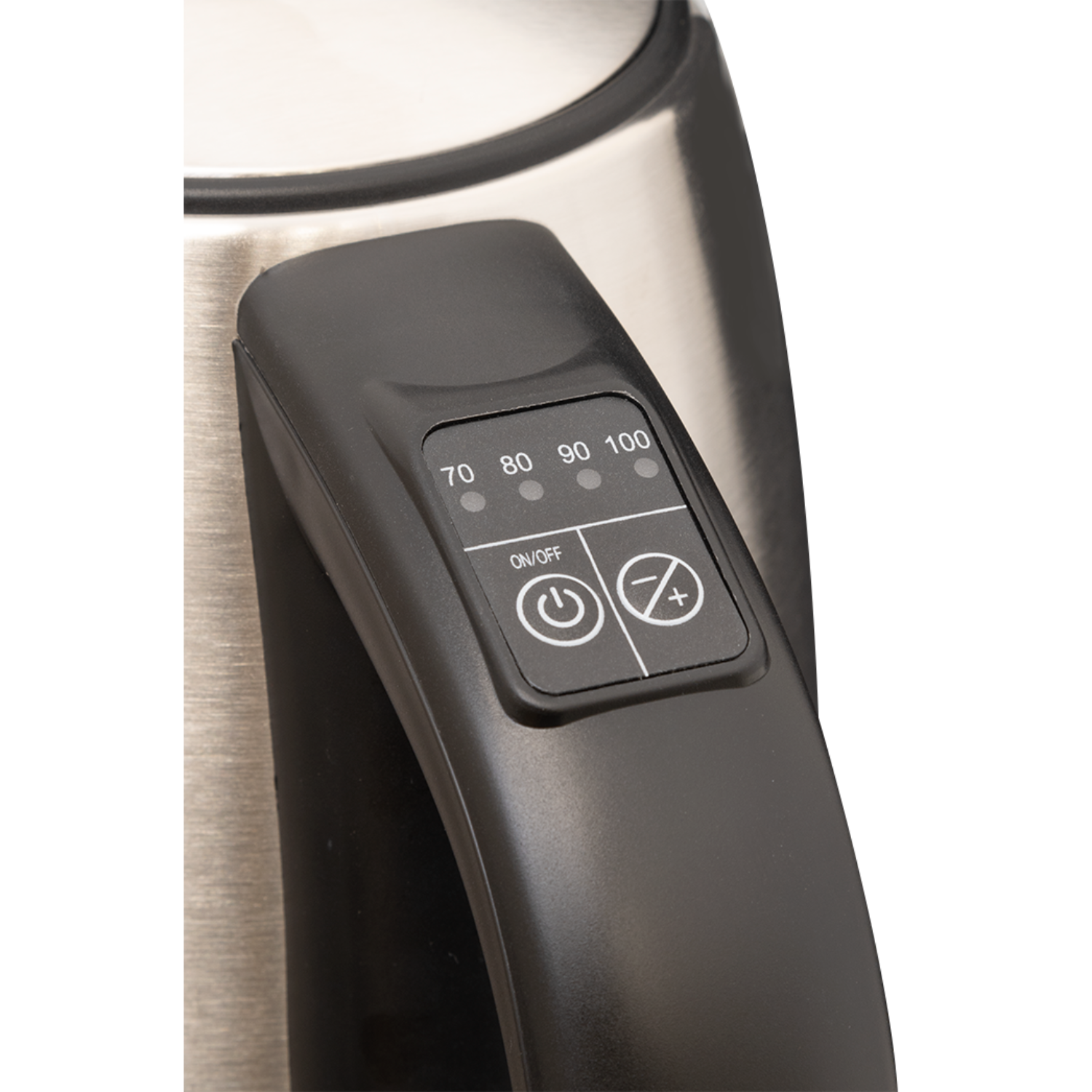 Close-up of a kettle handle with temperature control buttons and display.