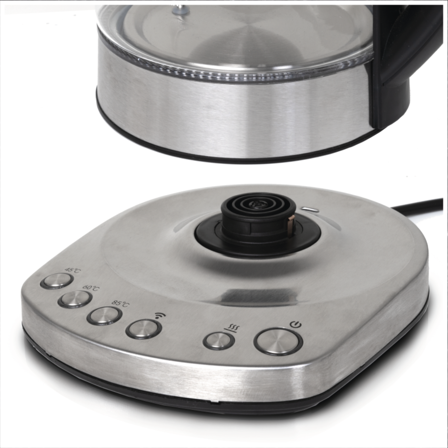 Close-up of a stainless steel electric kettle base with buttons and a lid.