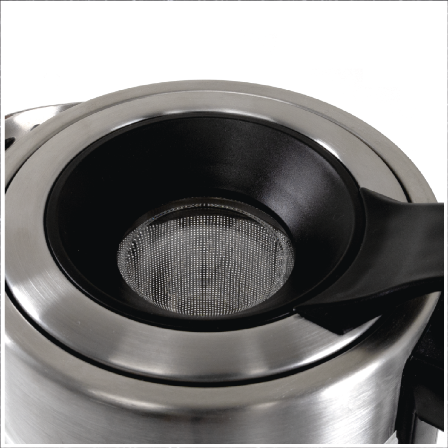 The interior of a kettle, showing the stainless steel body and a black mesh filter.