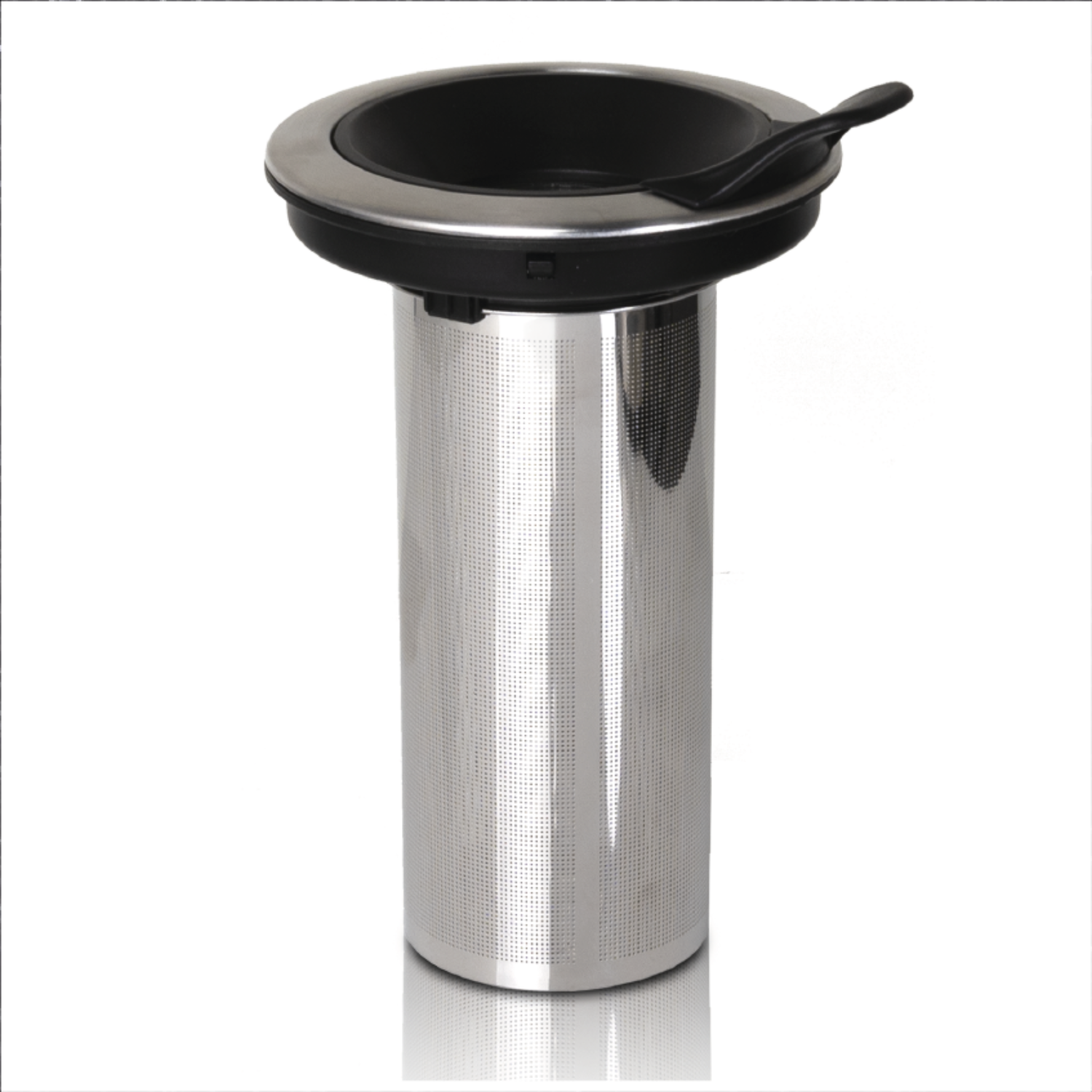 A stainless steel tea infuser with a black lid and handle, on a white background.