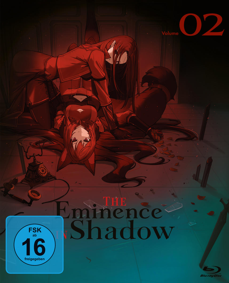 Anime-Cover von The Eminence in Shadow Volume 02. Zwei Frauen in Rot sind auf dem Cover, mit dem Titel unten.