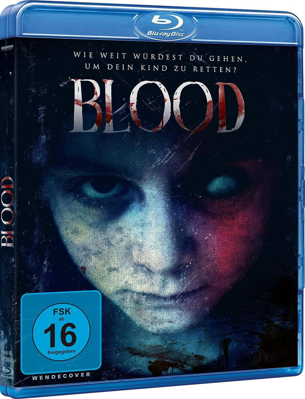 Eine Bluray-Disc-Hülle eines Horrorfilms. Der Titel lautet 'Blood'. Das Gesicht eines Mädchens ist zu sehen.