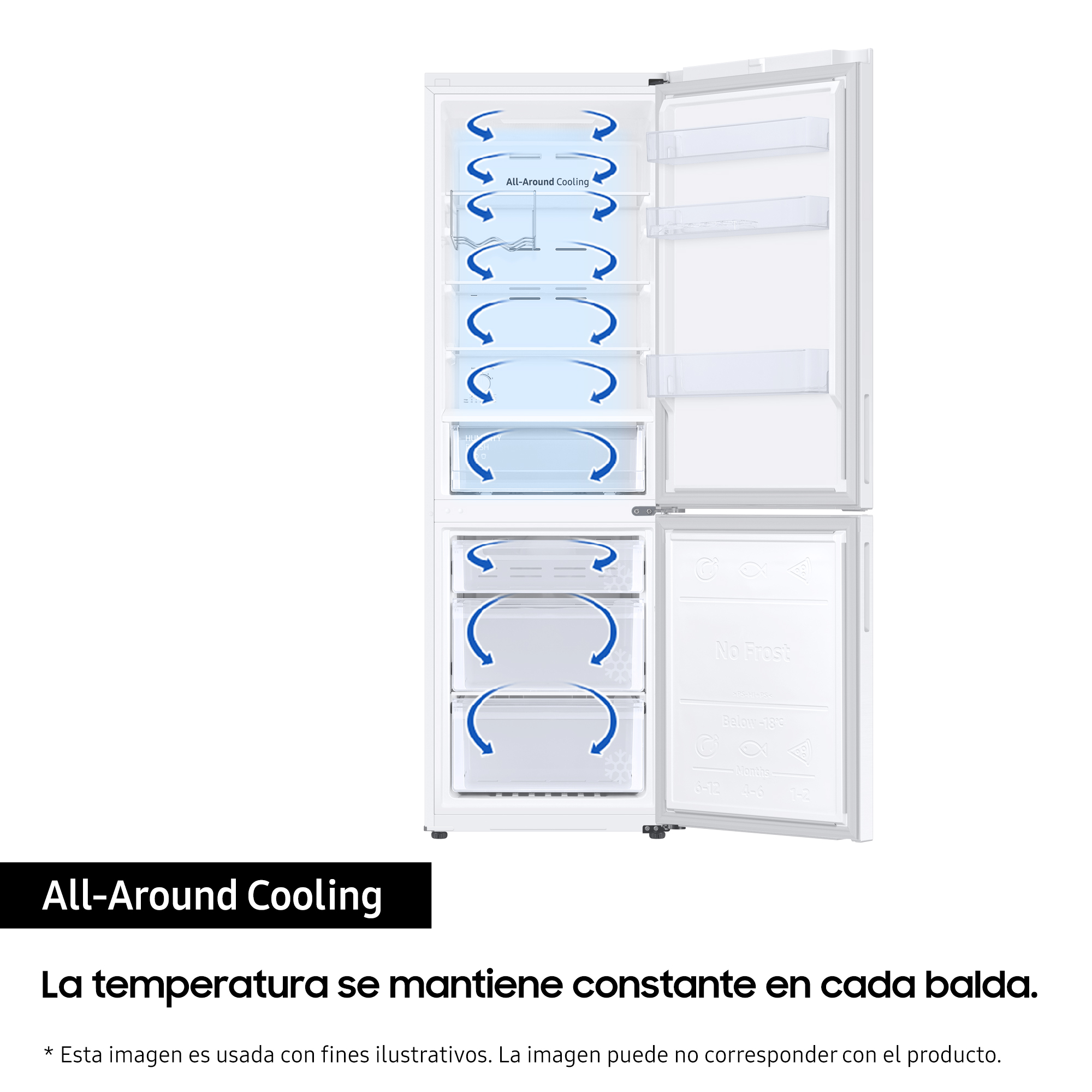 Un refrigerador blanco con puertas abiertas mostrando el interior con cajones.