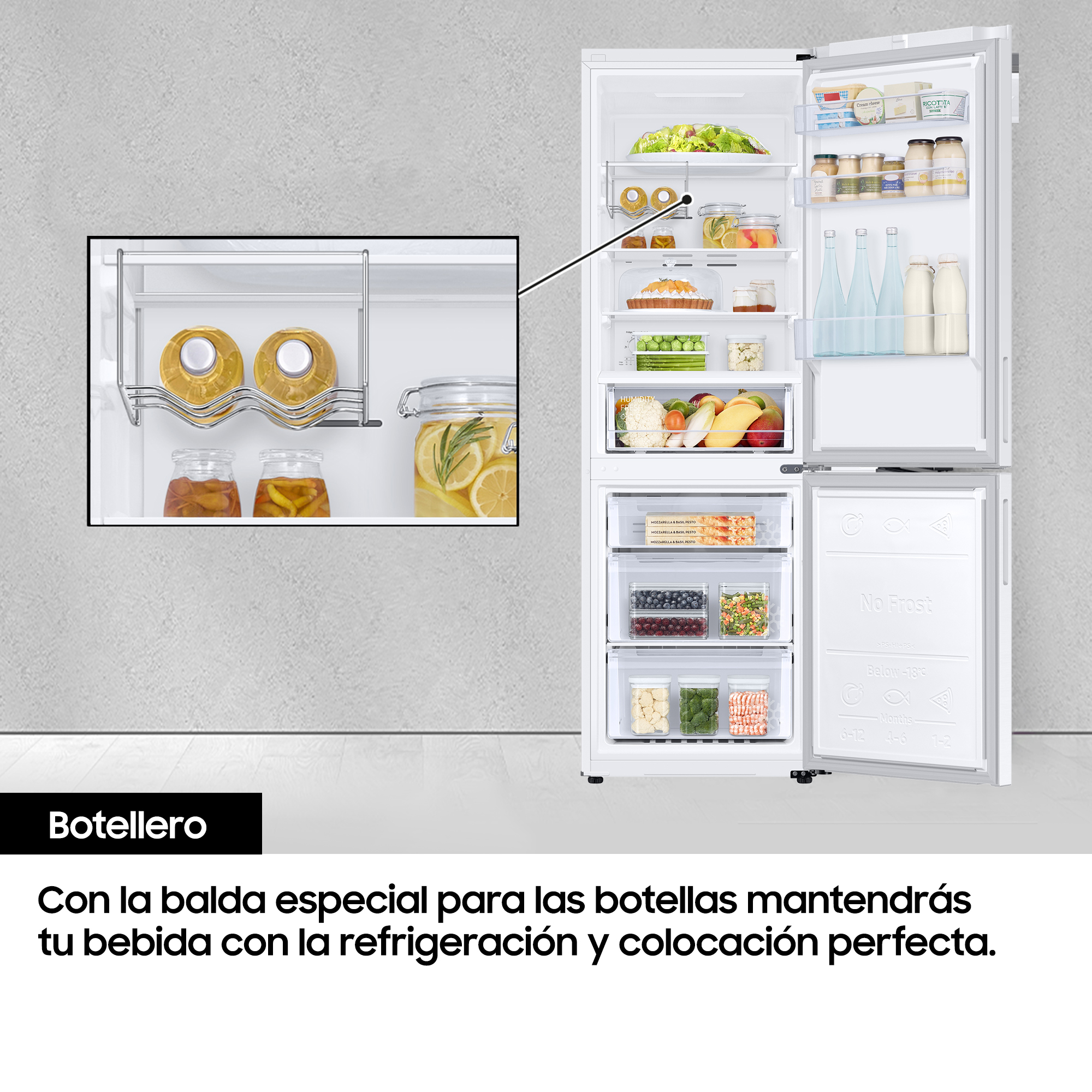 Refrigerador blanco que muestra opciones de almacenamiento de alimentos. Texto: Botellero.