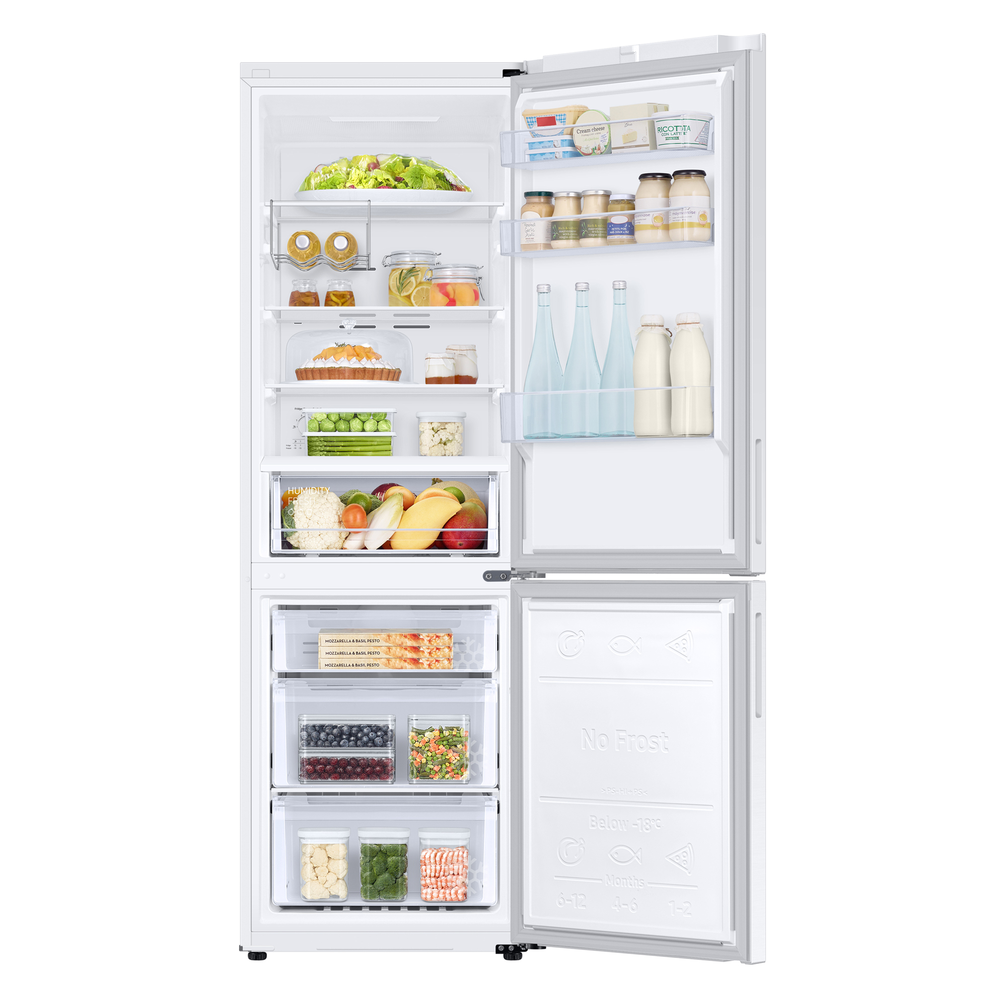 Refrigerador blanco con puertas abiertas, lleno de comida y bebidas.