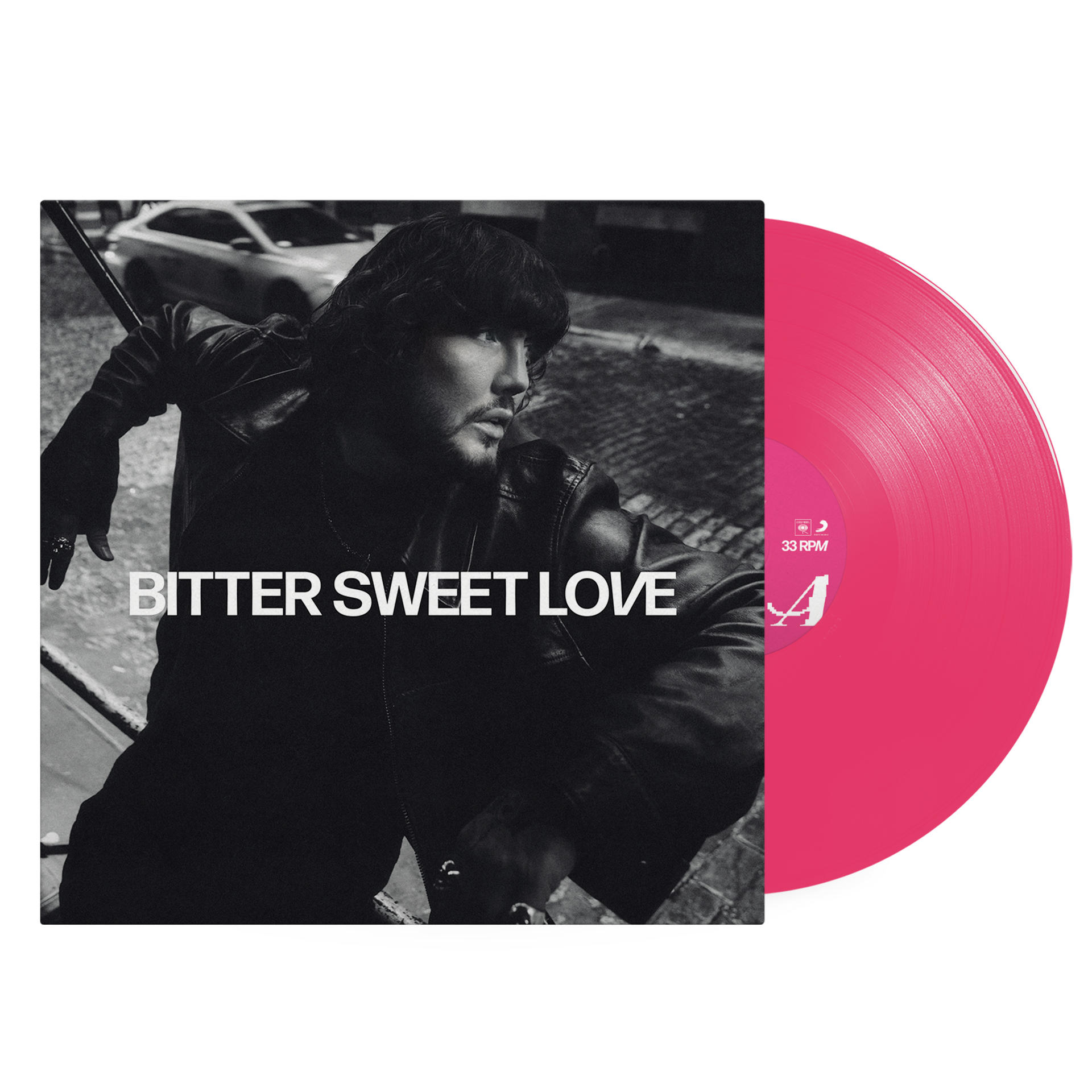 Rosa Vinylplatte neben einem Schwarz-Weiß-Bild eines Mannes in einer Lederjacke. Der Text lautet 'Bitter Sweet Love'.