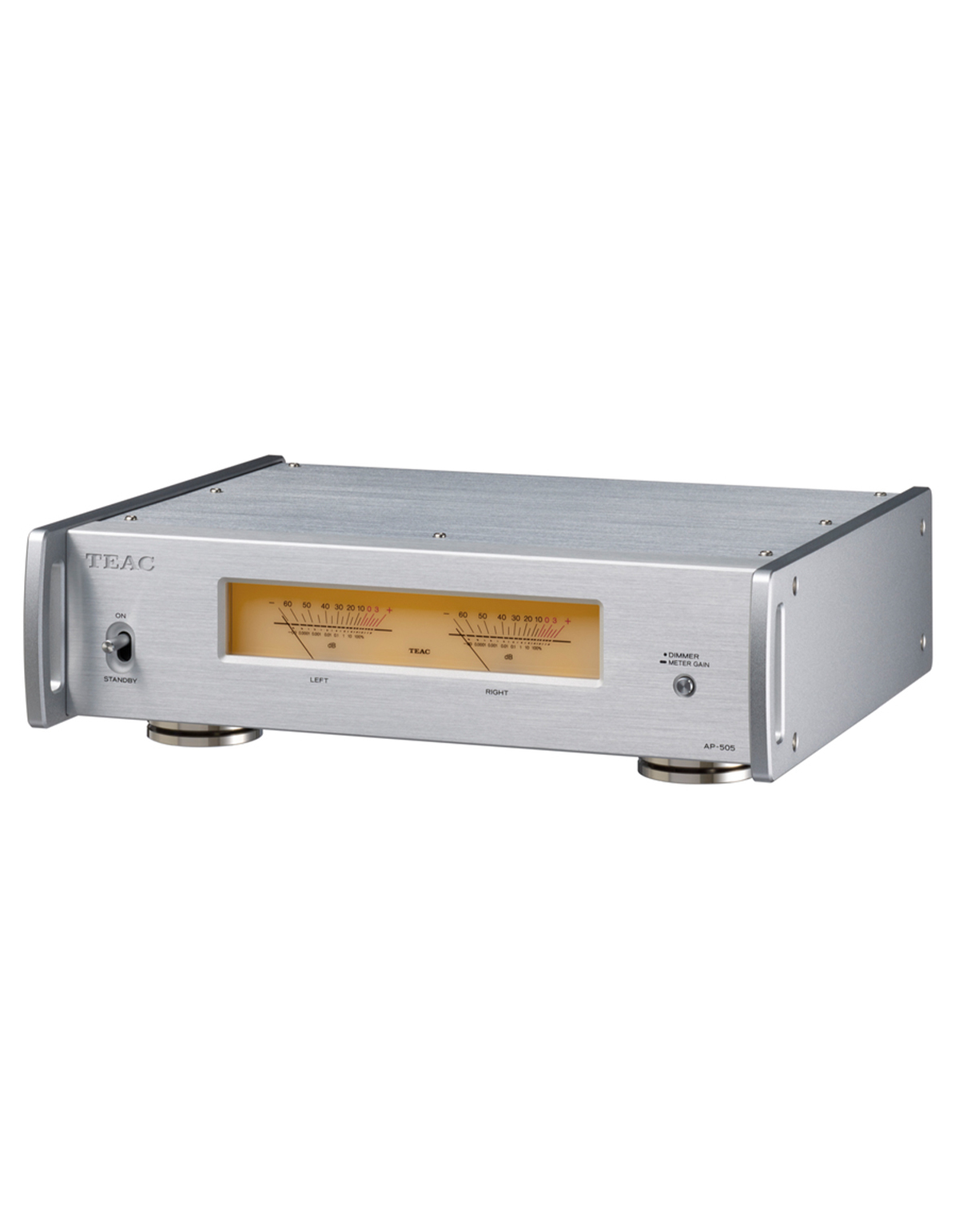 Silberner TEAC-Audioverstärker. Er hat Knöpfe, Drehregler und ein Display.