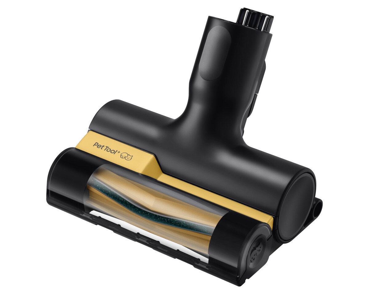 Czarna i żółta głowica odkurzacza do sierści zwierząt z przezroczystym fragmentem.