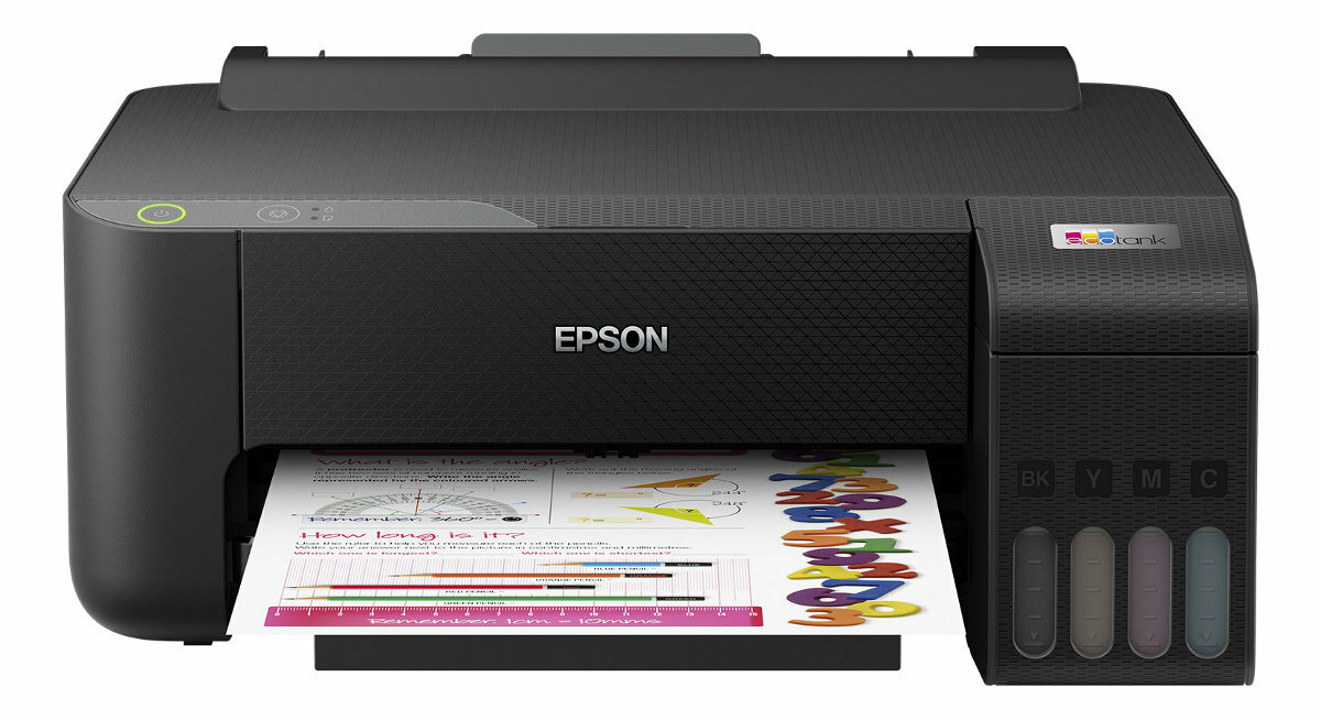 Czarna drukarka Epson z papierem pokazującym kolorowy diagram. Kartridże z tuszem widoczne po prawej.