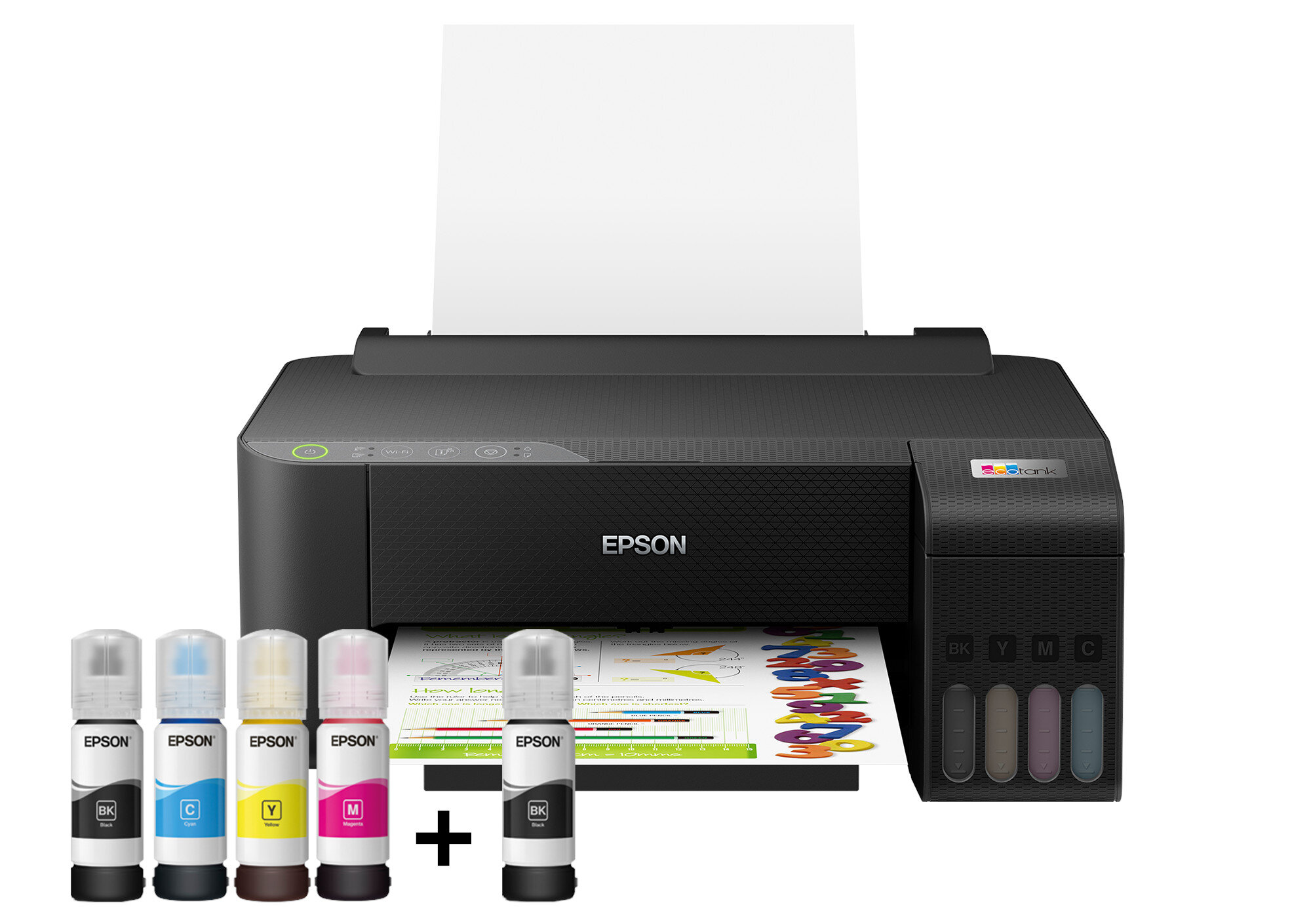 Czarna drukarka Epson z butelkami z tuszem i zadrukowanym papierem.