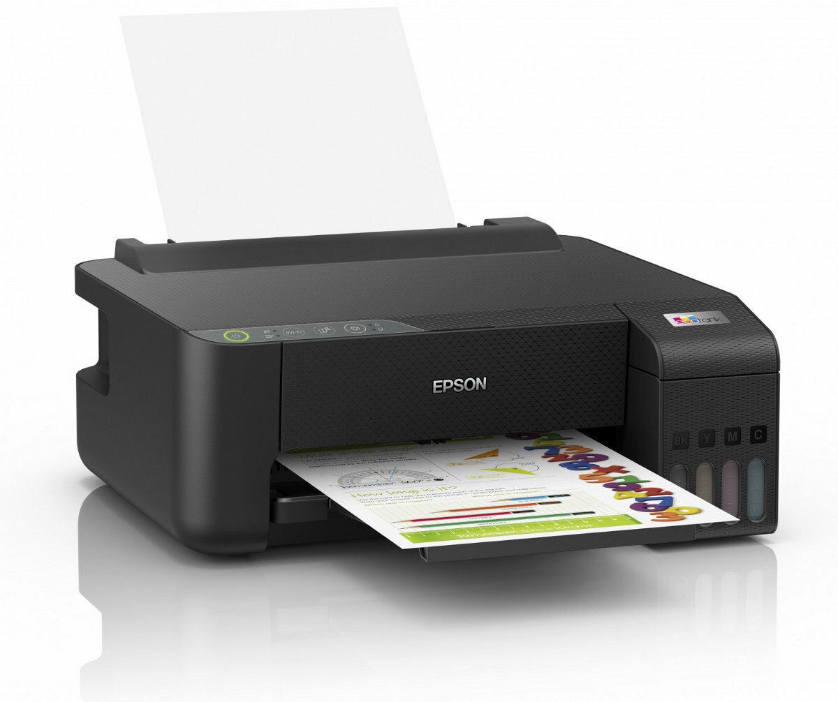 Drukarka Epson drukująca kolorowy wykres z pojemnikami na tusz z boku.