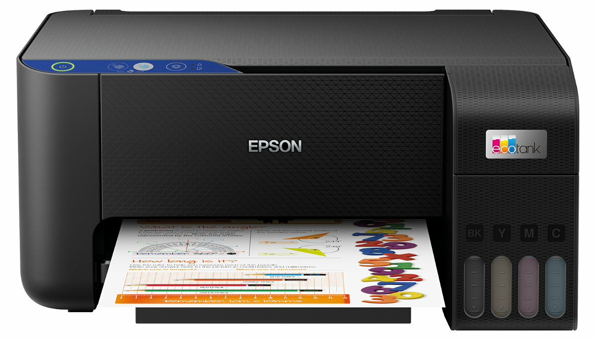 Drukarka Epson drukująca kolorowy diagram. Czarny i niebieski korpus, ze zbiornikami na tusz.