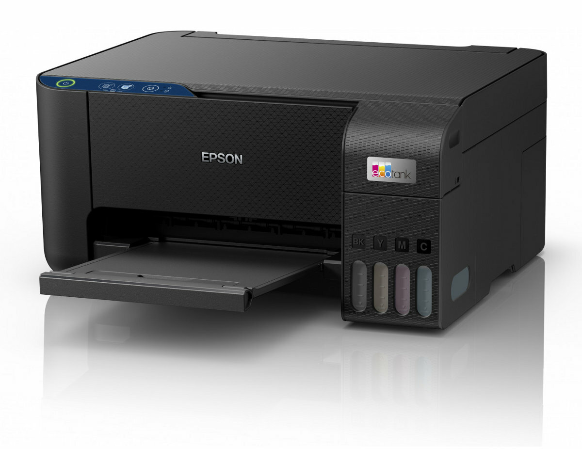 Czarna drukarka Epson EcoTank ze zbiornikami na tusz.