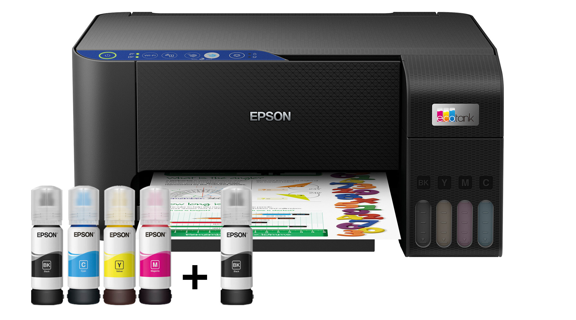 Drukarka Epson ecotank z butelkami z tuszem i wydrukowanym papierem z kolorami i liniami.