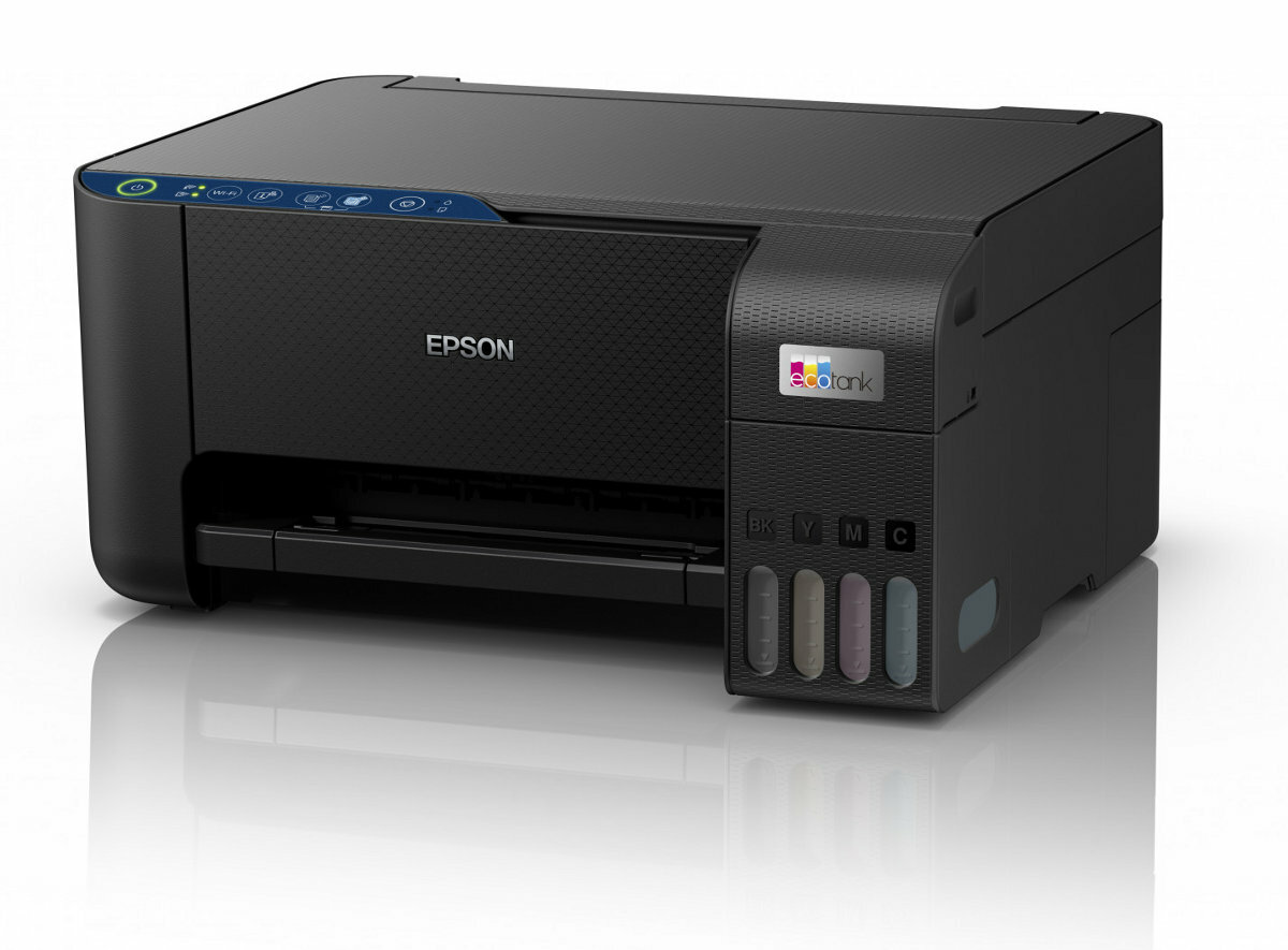 Czarna drukarka Epson Ecotank z widocznymi pojemnikami na tusz.