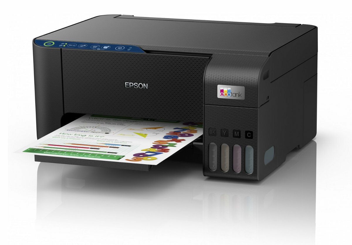 Czarna drukarka Epson ecotank z wydrukowaną stroną. Zbiorniki z tuszem widoczne po prawej stronie.