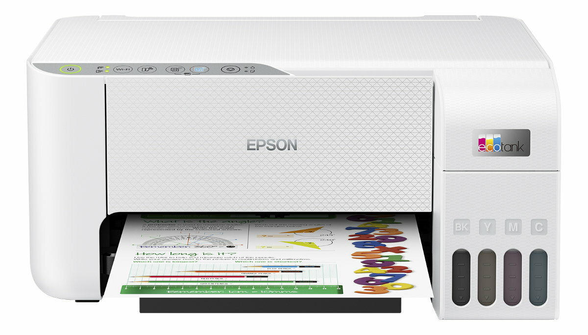 Biała drukarka Epson z kartką papieru w środku.  Zbiorniki z tuszem widoczne po prawej.