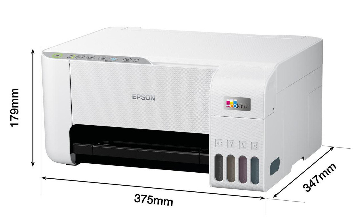 Biała drukarka Epson z wymiarami i wkładami atramentowymi po prawej.