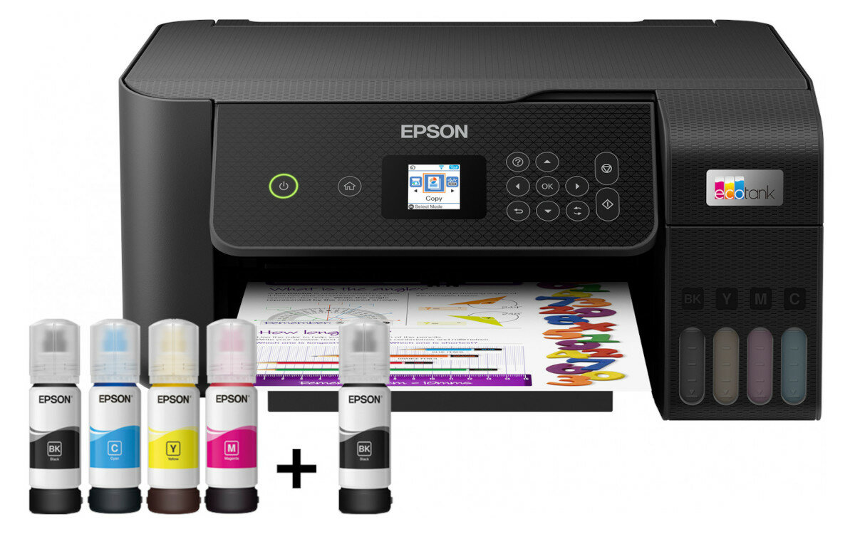 Drukarka Epson z butelkami z tuszem, drukująca kolorową stronę z literami i kształtami.