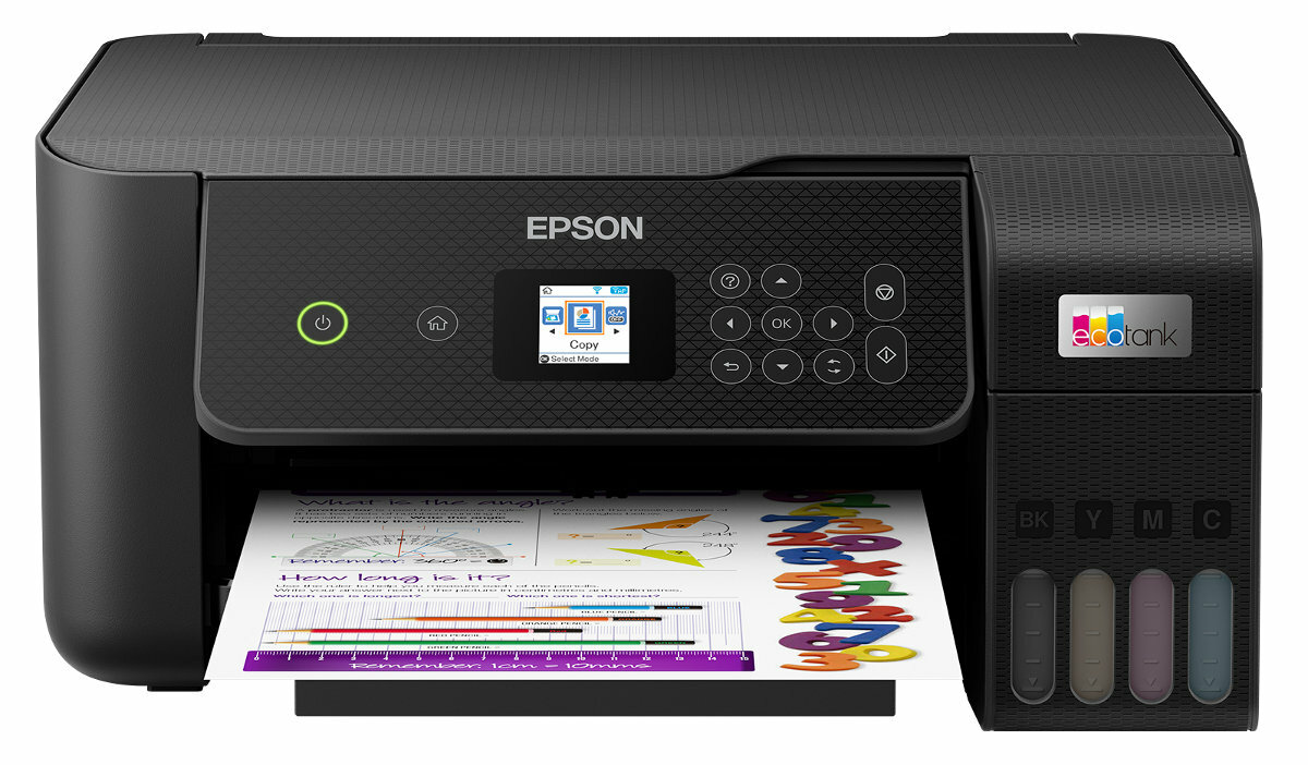 Czarna drukarka Epson drukująca kolorowy dokument.
