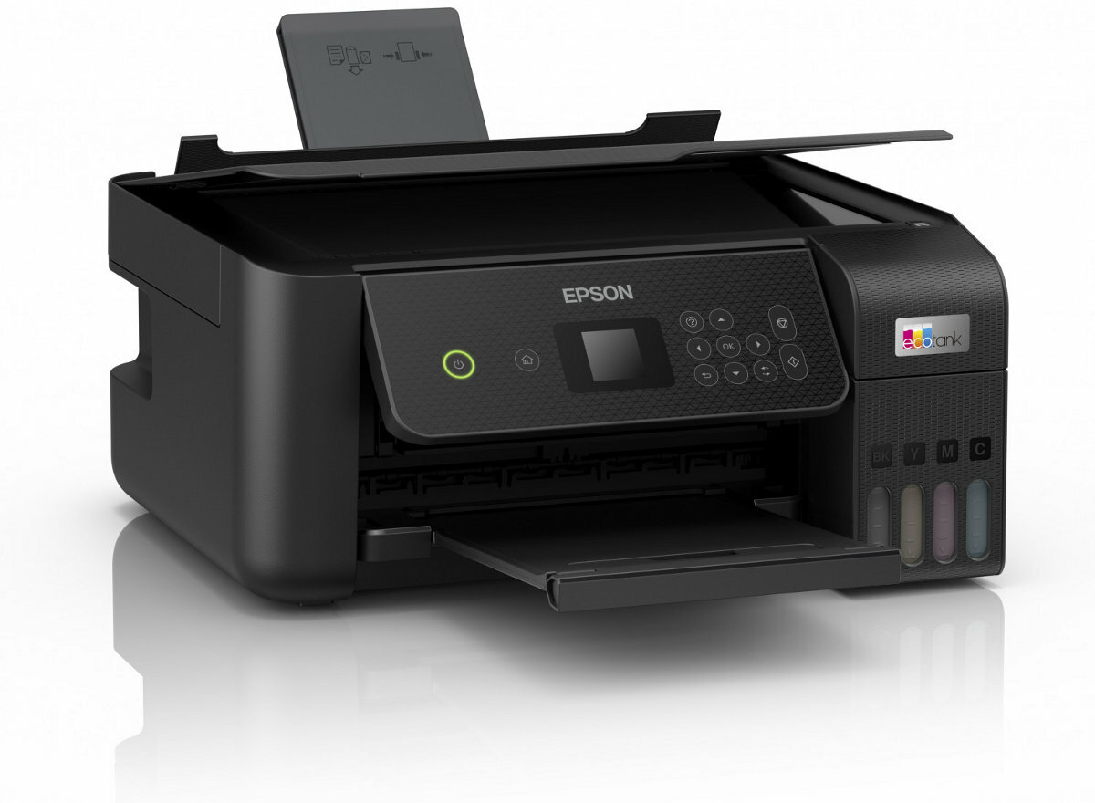 Czarna drukarka Epson, otwarta od góry. Taca jest wysunięta. Widoczne przyciski i ekran.
