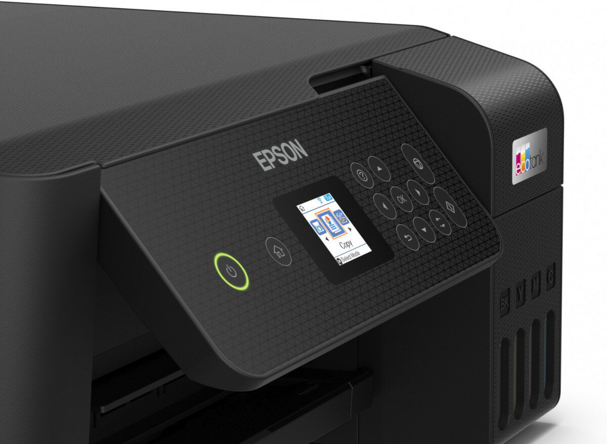 Zbliżenie czarnej drukarki Epson z panelem sterowania.