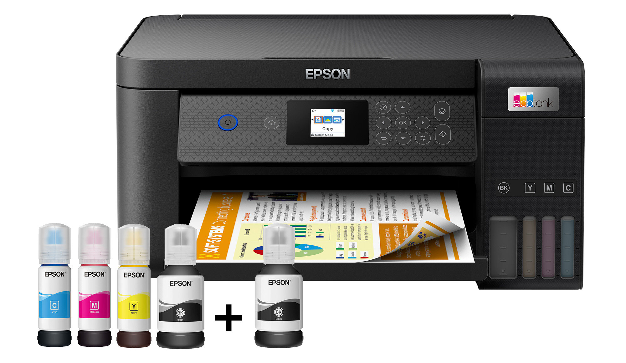 Drukarka Epson z butelkami z tuszem i wydrukowanym dokumentem.