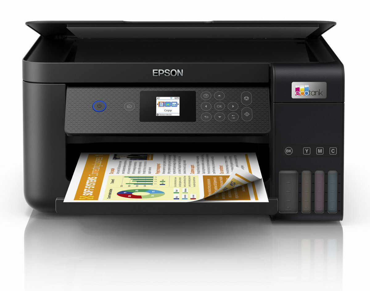 Drukarka Epson, czarna, z tacą na papier zawierającą wydrukowaną stronę.