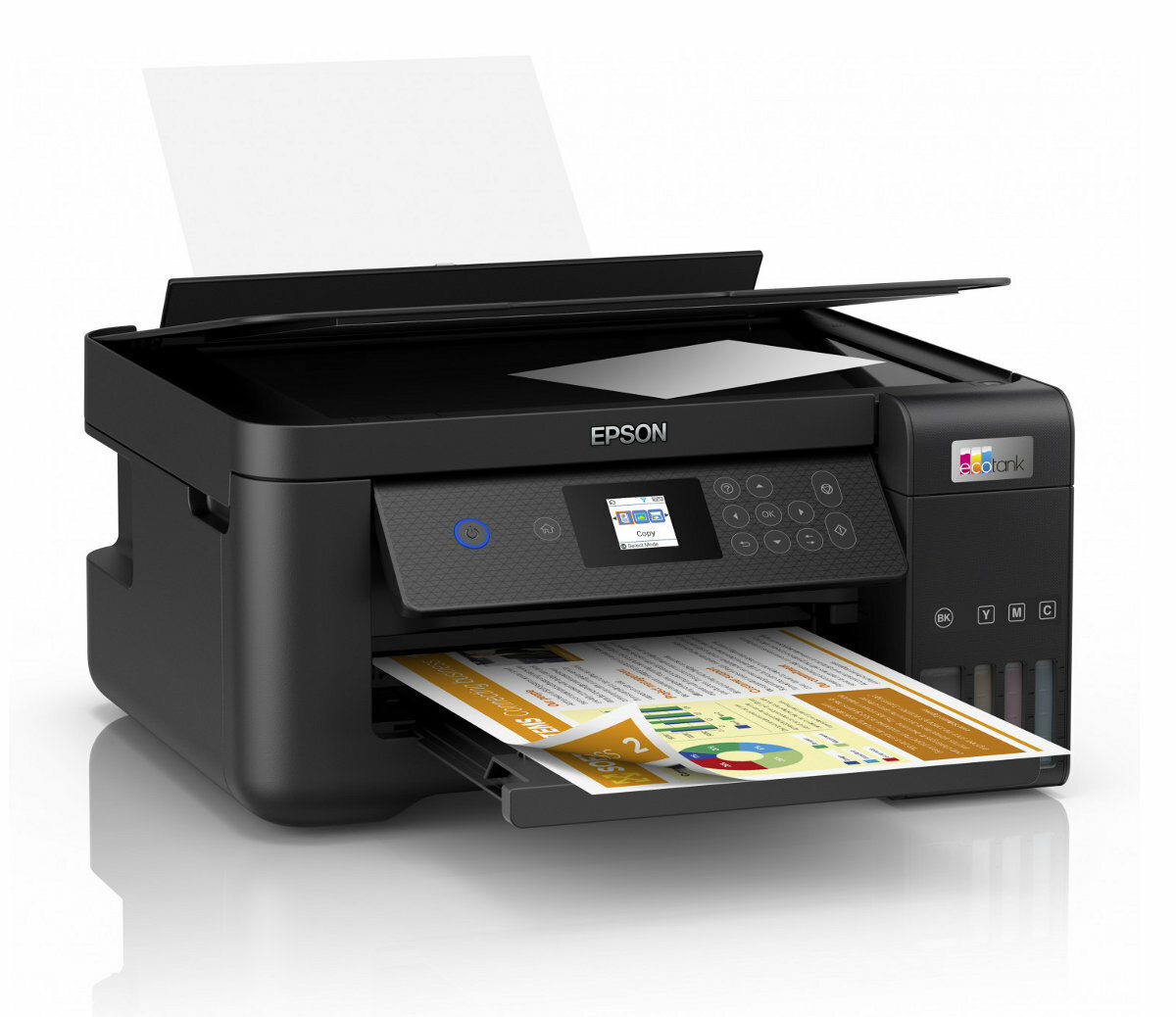 Czarna drukarka Epson drukująca kolorowy dokument.