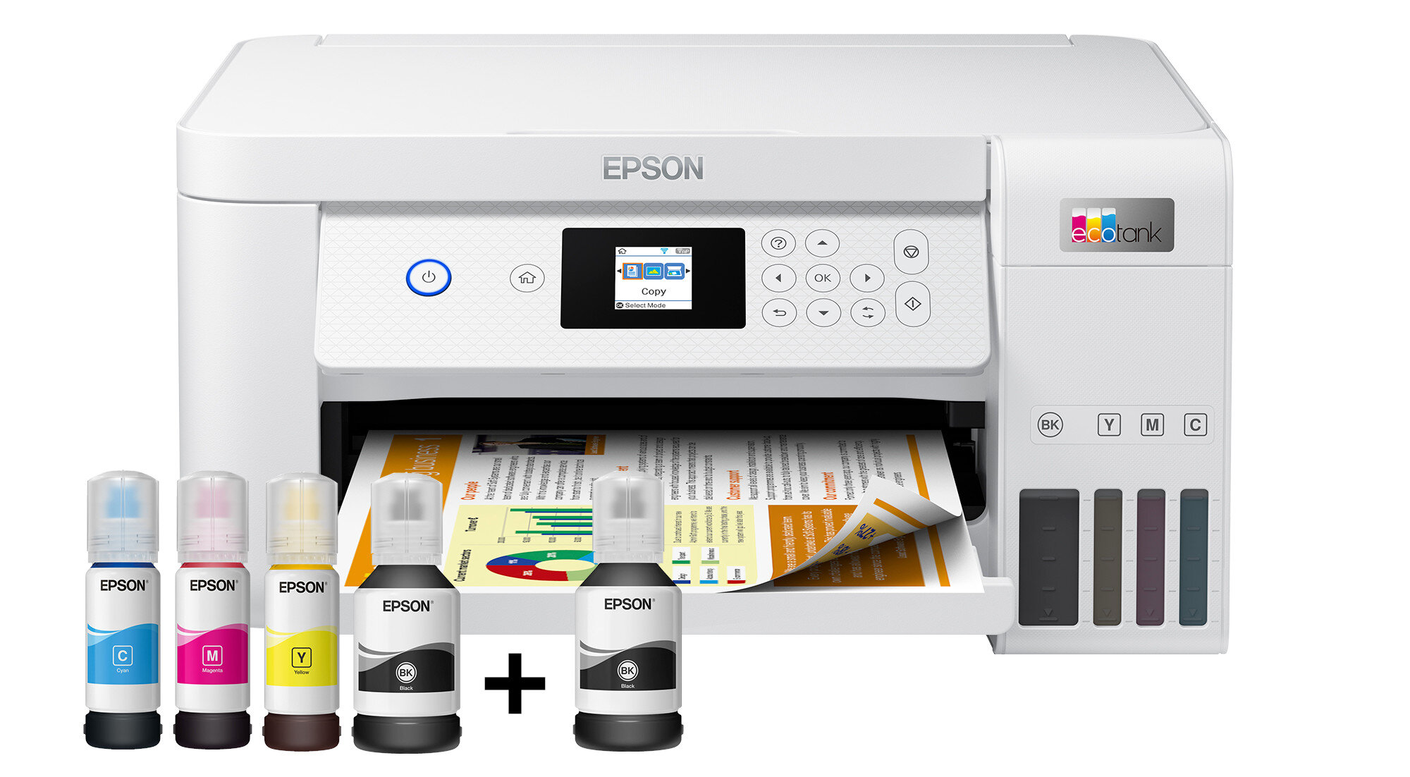 Biała drukarka Epson z butelkami z tuszem. Wychodzi kartka z wykresami.