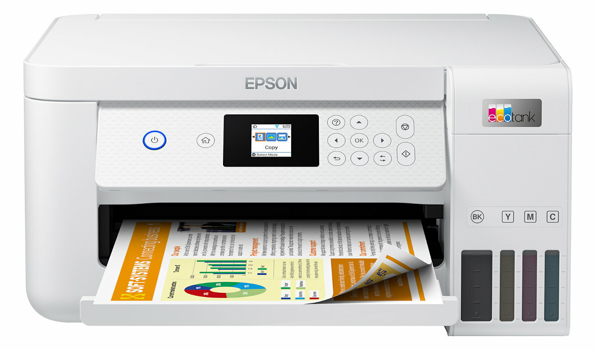 Biała drukarka Epson z podajnikiem papieru, wyświetlaczem i pojemnikami z tuszem.