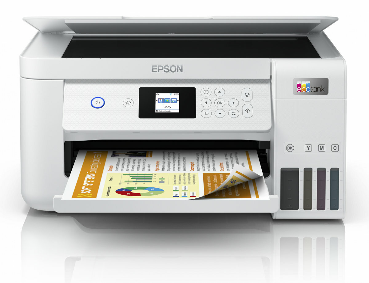 Biała drukarka Epson ecotank z ekranem pokazującym menu kopiowania. Papier jest w podajniku.