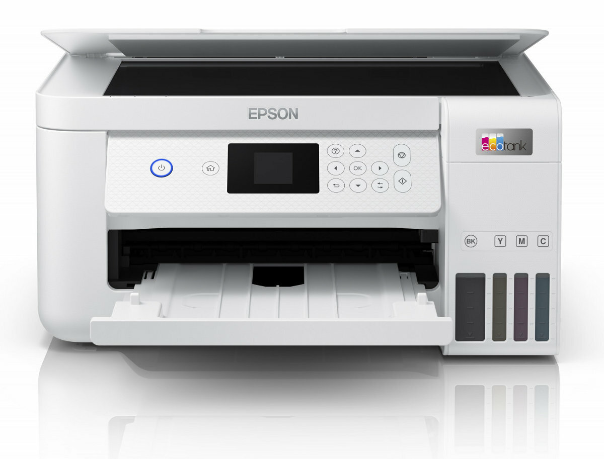 Biała drukarka Epson z otwartą tacą i pojemnikami z tuszem. Niebieski przycisk zasilania.