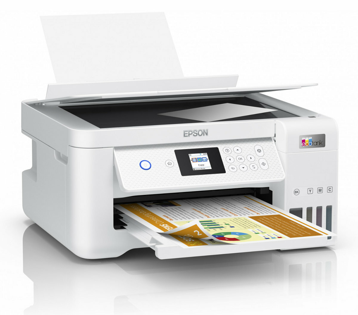 Biała drukarka z otwartą pokrywą i podajnikiem papieru z wydrukowanymi stronami.