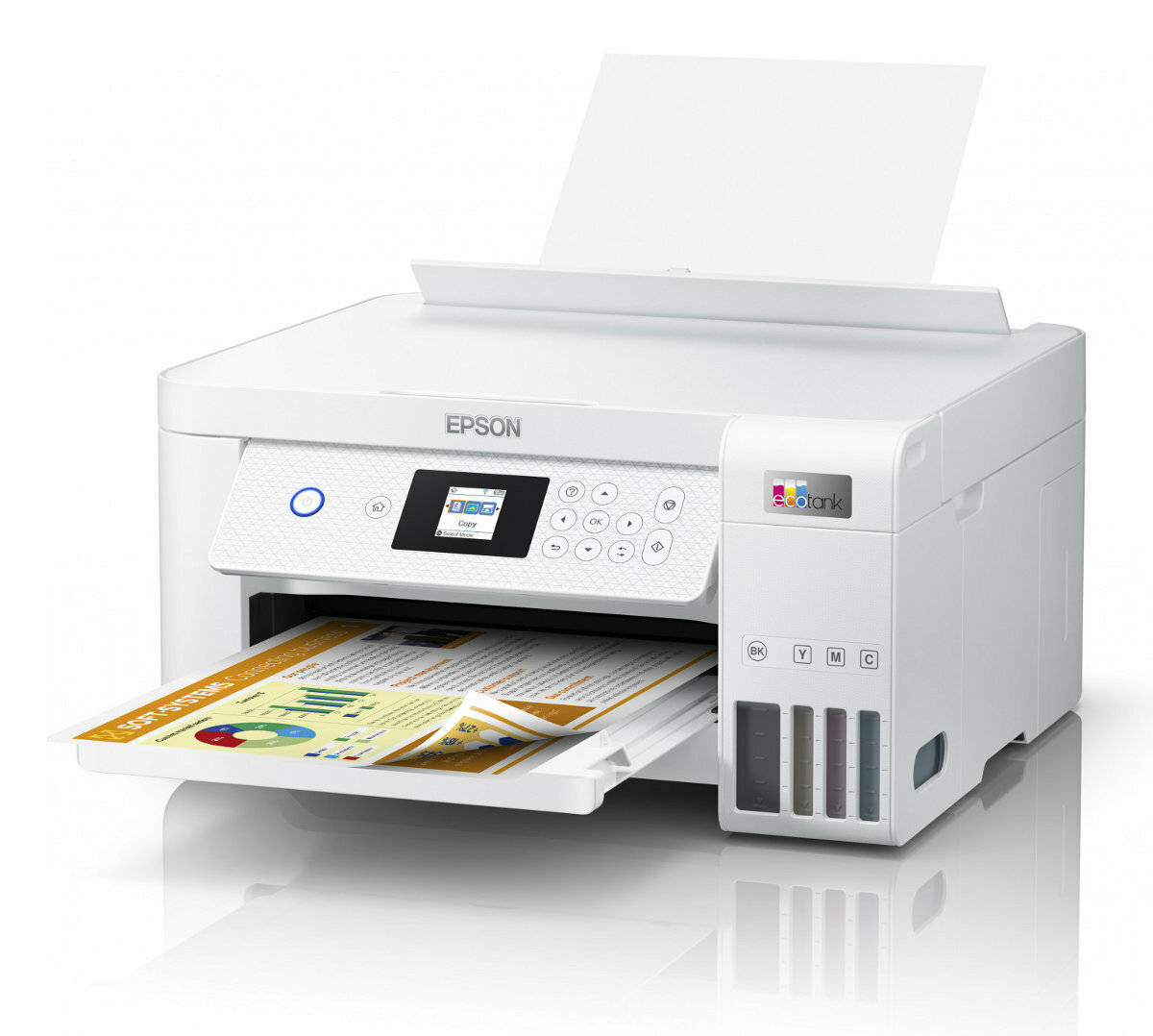 Biała drukarka Epson EcoTank z pojemnikami na tusz i podajnikiem papieru. Dokument jest drukowany.