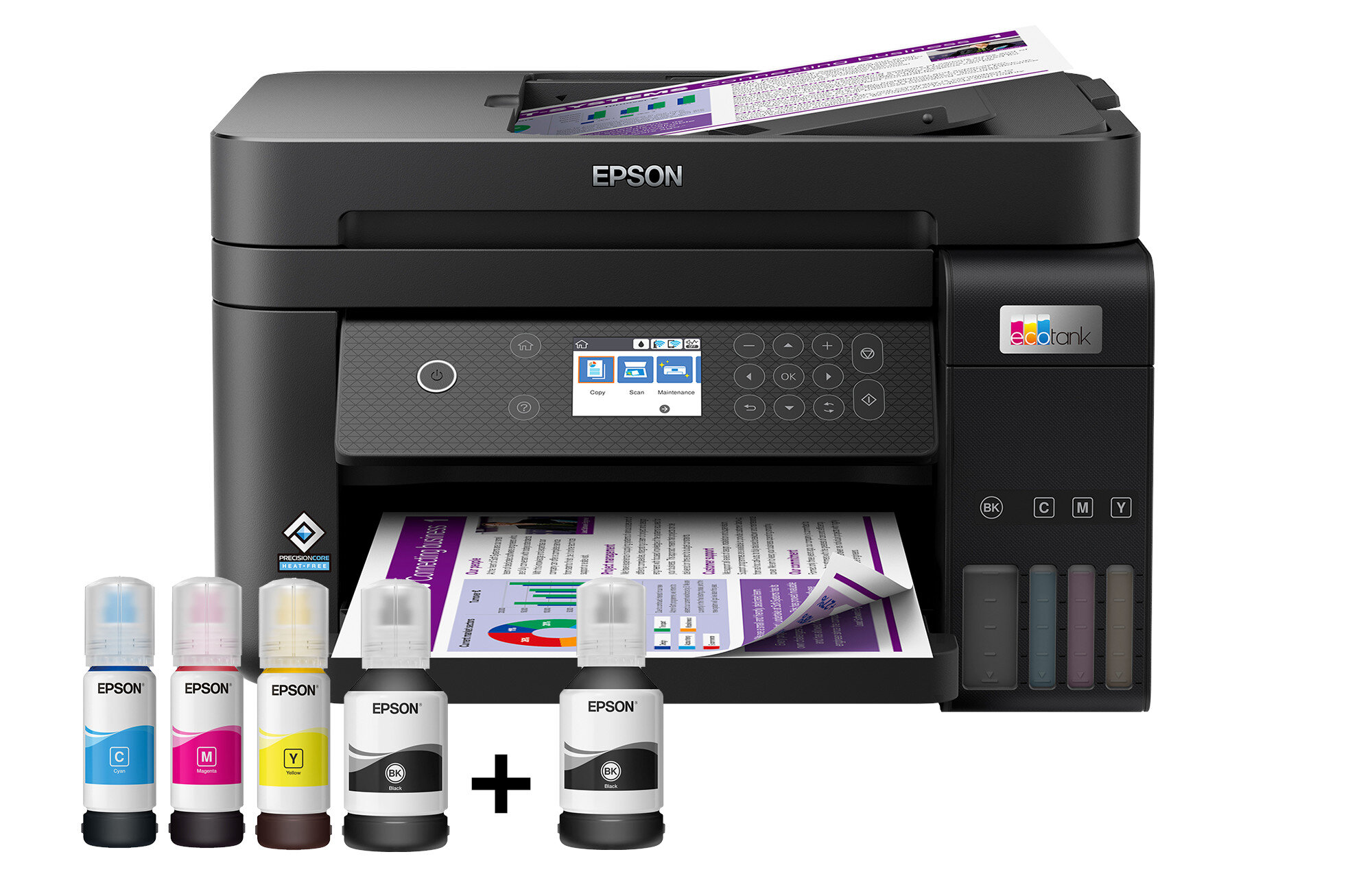 Czarna drukarka Epson z butelkami z tuszem. Wychodzi wydrukowany papier. Białe tło.
