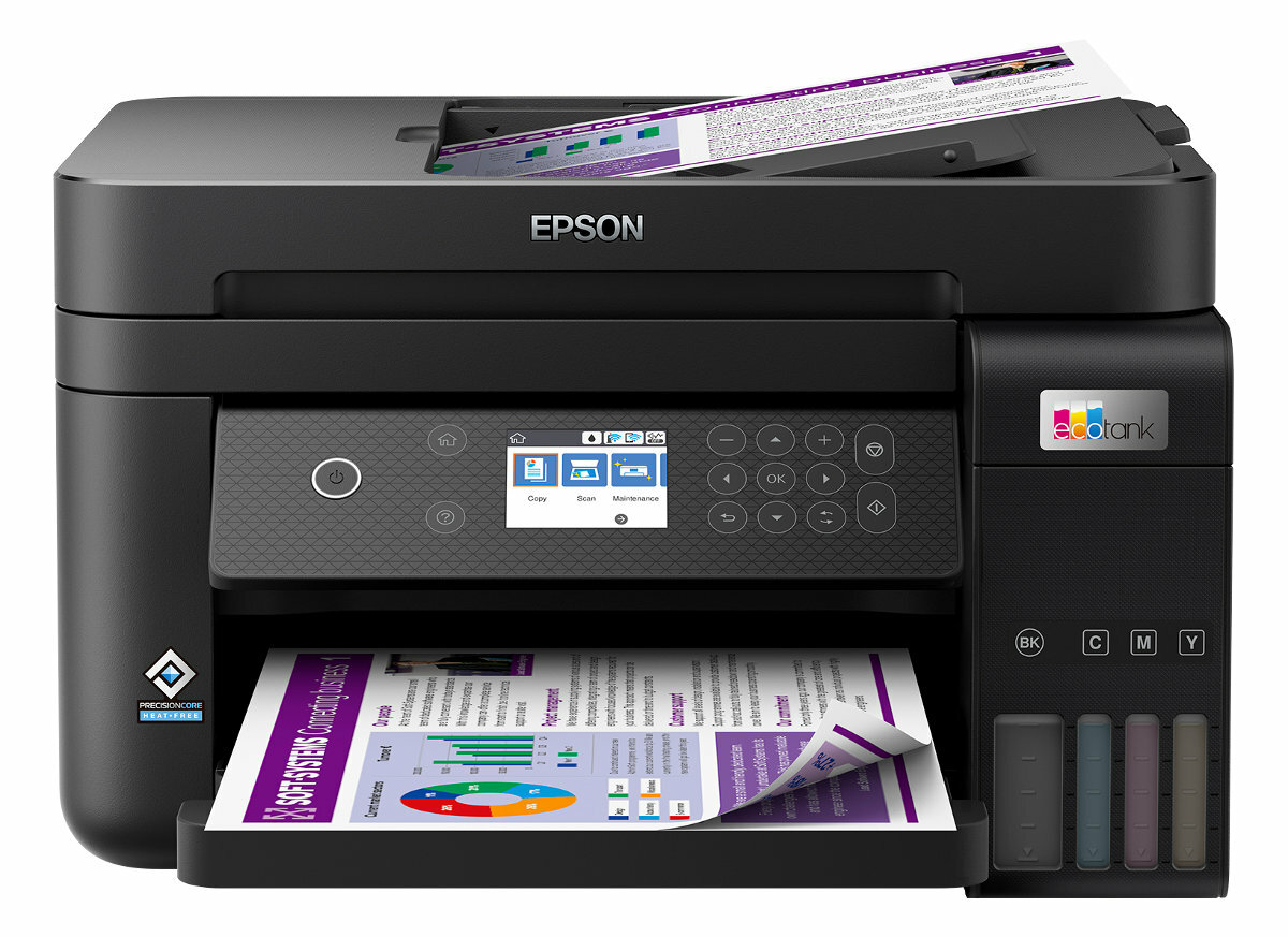 Czarna drukarka Epson, drukująca papiery, z wkładami atramentowymi z boku.