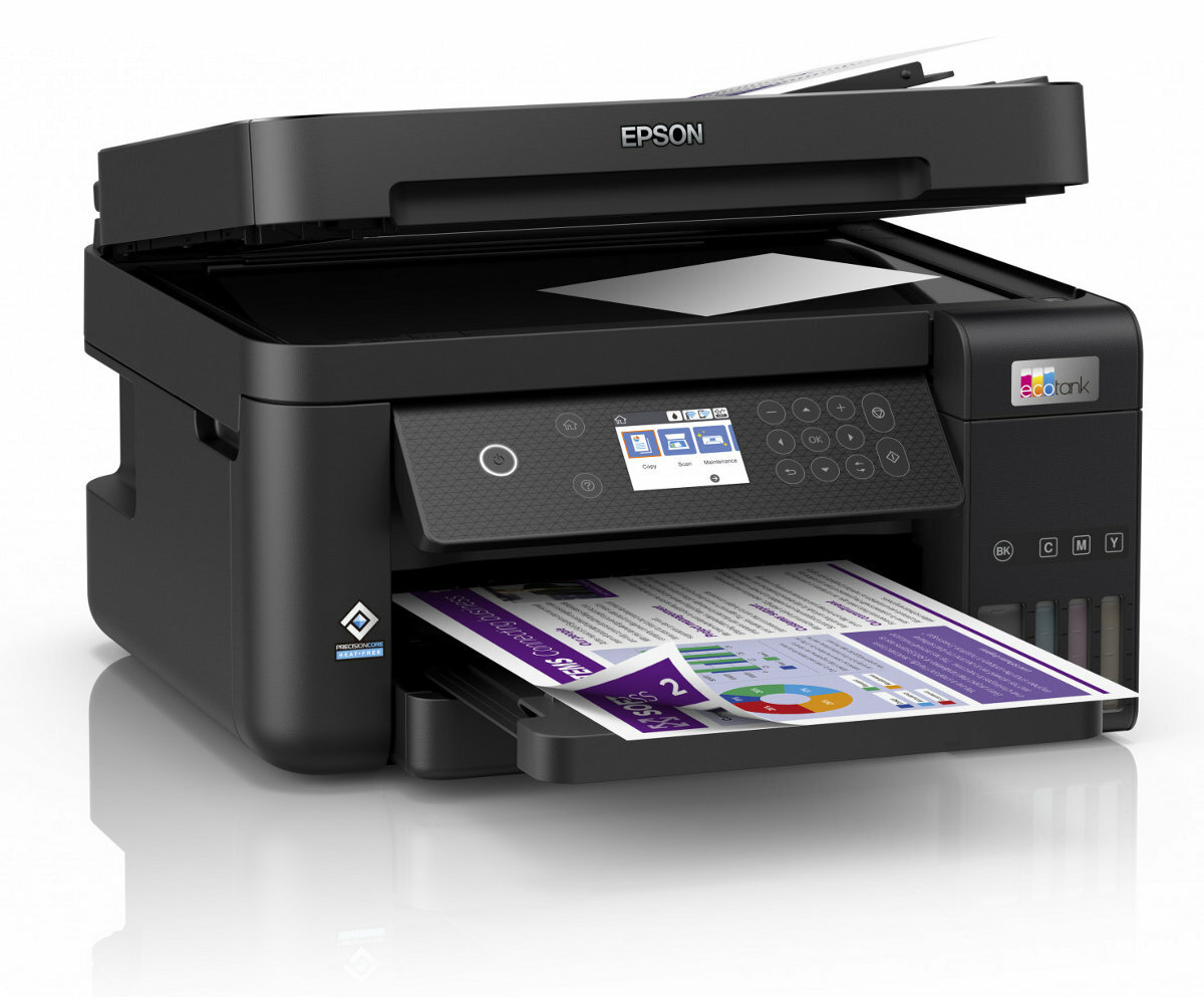 Czarna drukarka Epson z drukowanym dokumentem. Kasety z tuszem są widoczne z boku.