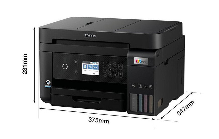 Czarna drukarka Epson z wyświetlonymi wymiarami.