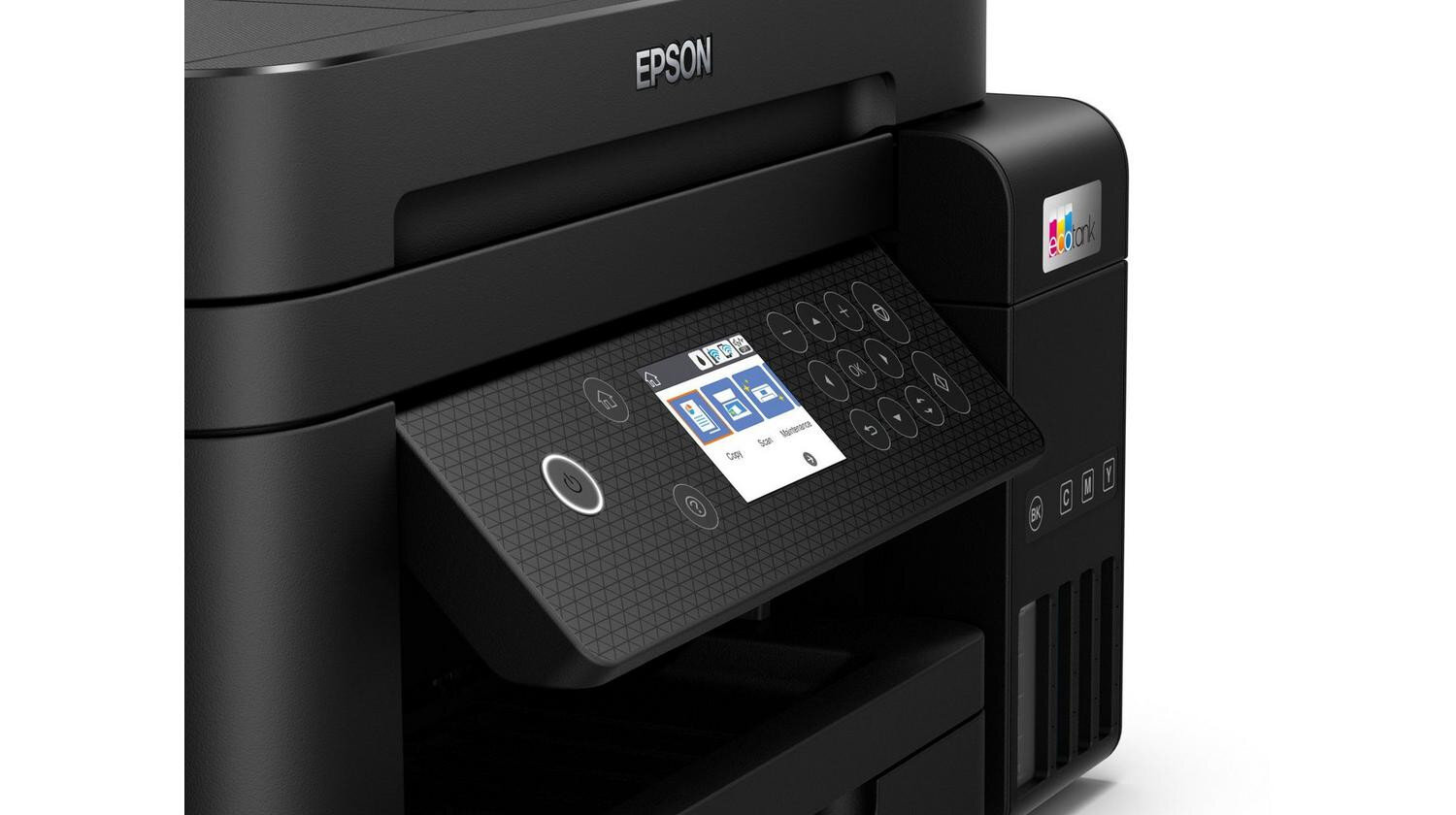 Zbliżenie czarnej drukarki Epson z panelem sterowania i otwartą sekcją. Białe tło.