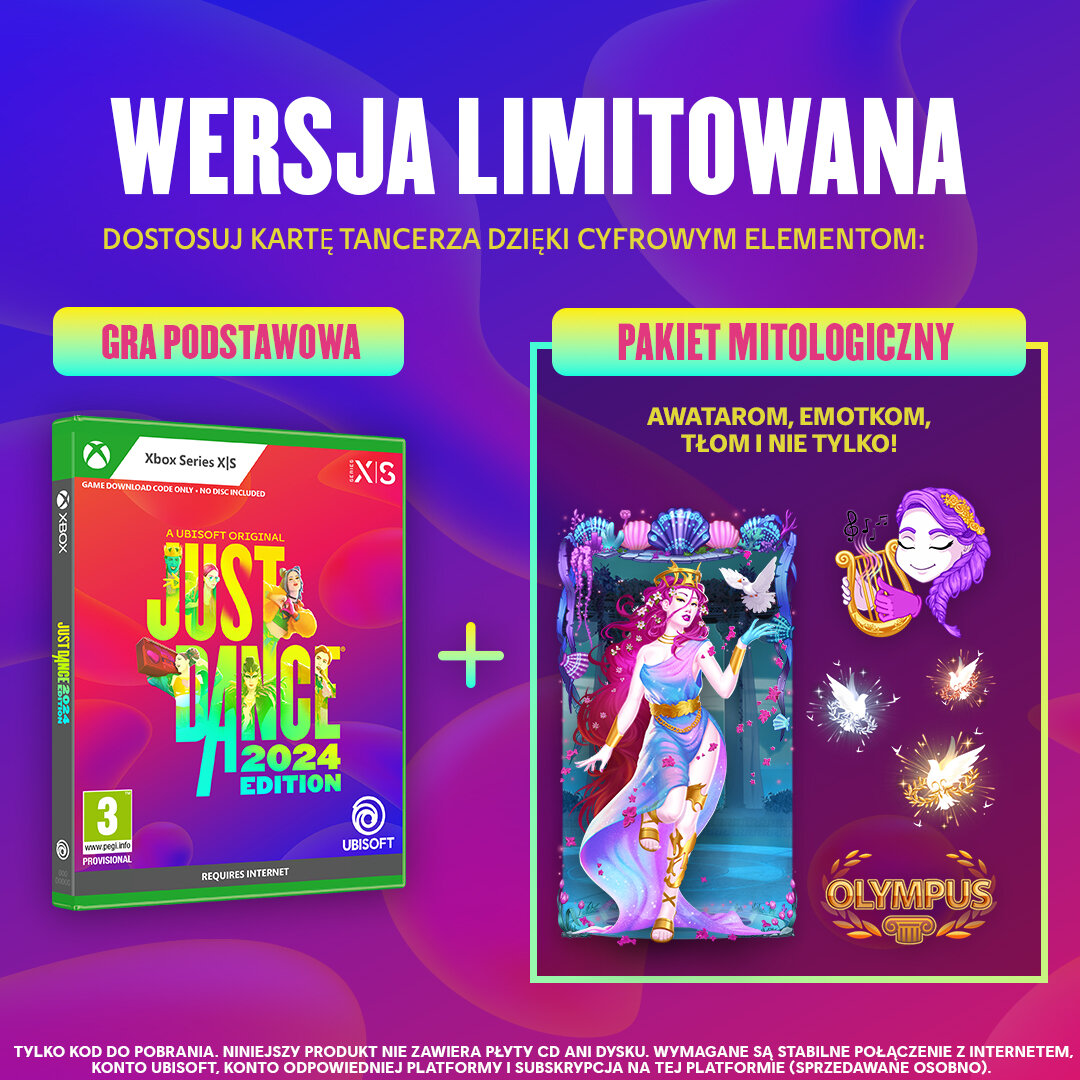 Pudełko z grą Just Dance 2024 Edition i pakietem Olympus.