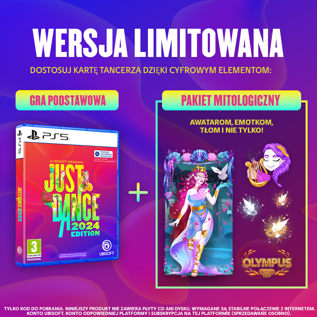 Obraz promocyjny gry Just Dance 2024 Edition z płytą z grą i dodatkową zawartością.