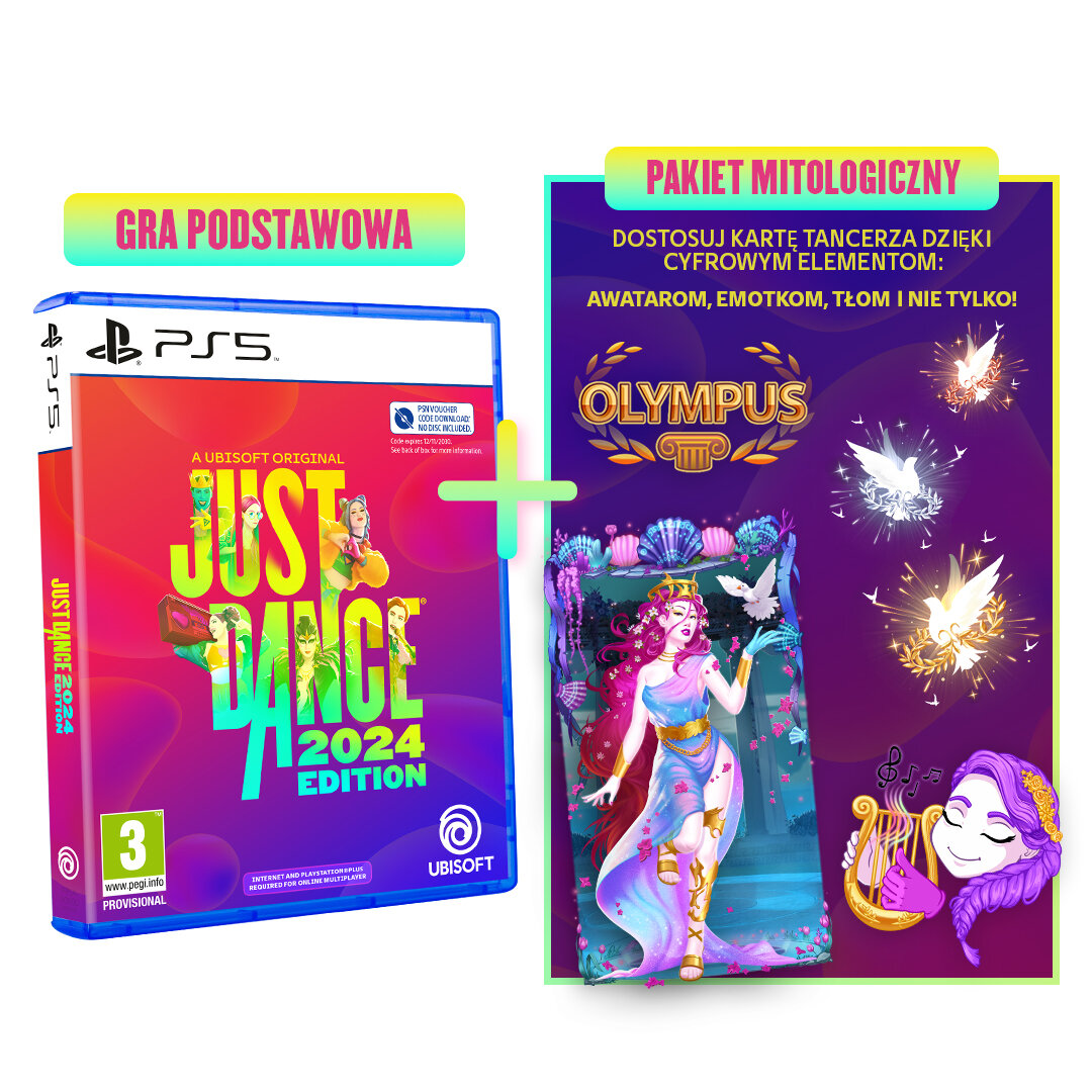 Pudełko z grą Just Dance 2024 Edition i pakietem Olympus.