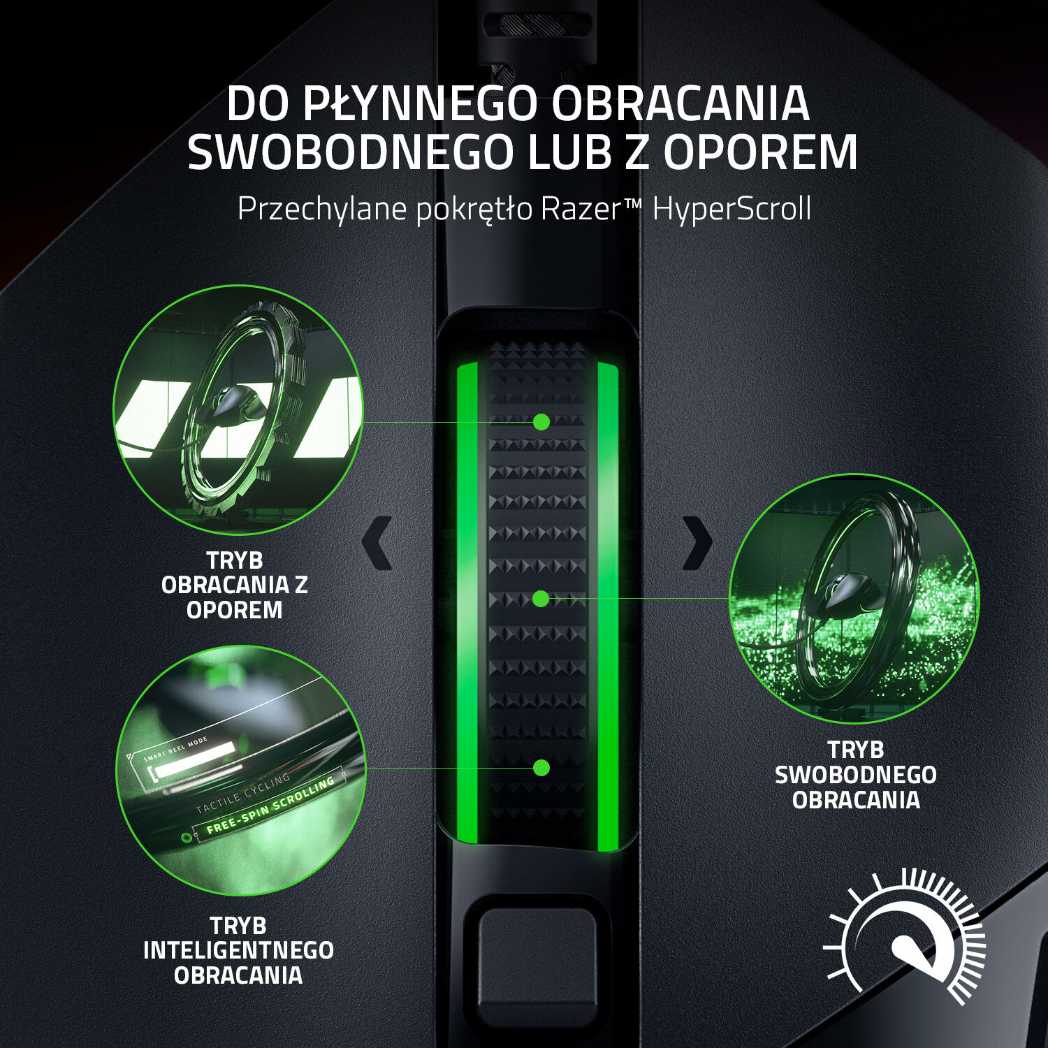 Czarna mysz komputerowa z zielonymi akcentami i przyciskami, z etykietami.