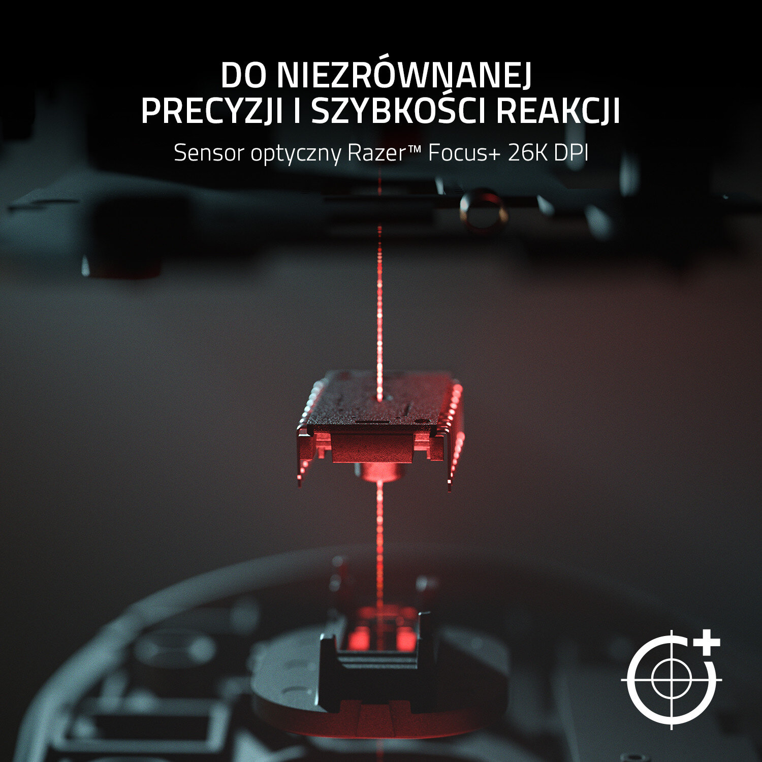 Makro zdjęcie czujnika z wiązką lasera, tekst brzmi: DO NIEZRÓWNANEJ PRECYZJI I SZYBKOŚCI REAKCJI.