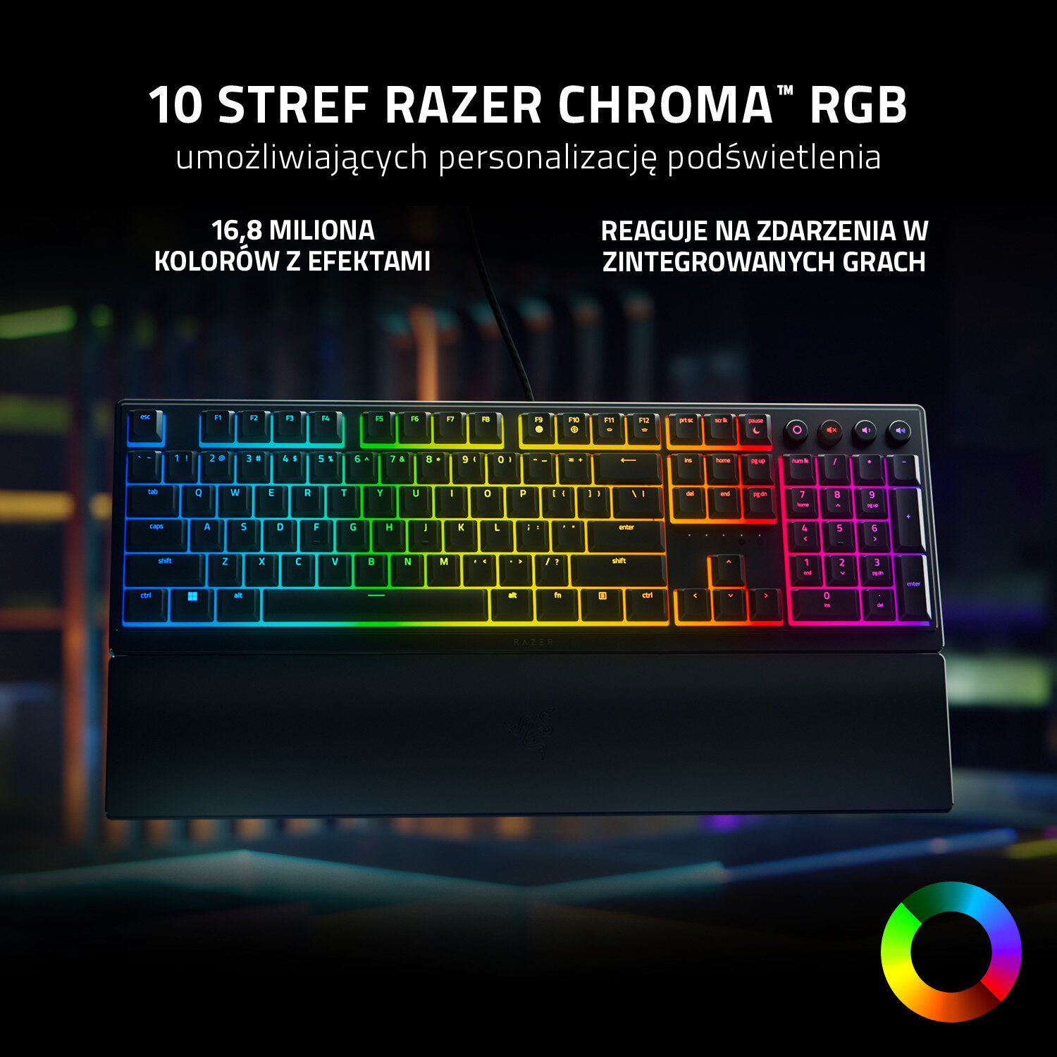 Podświetlana klawiatura Razer z kolorowymi klawiszami i podpórką pod nadgarstek, czarne tło.