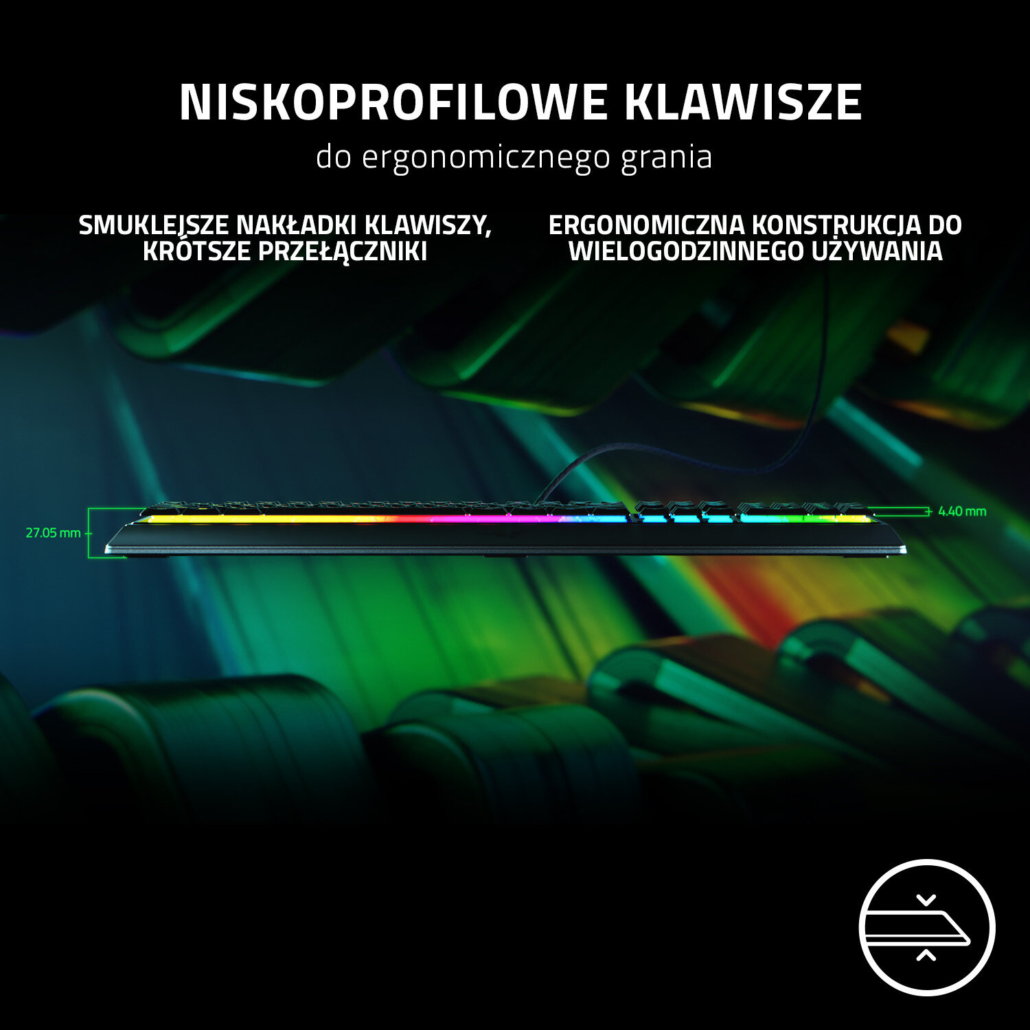 Widok profilu klawiatury pokazujący kolorowe klawisze i smukłą konstrukcję klawiatury.
