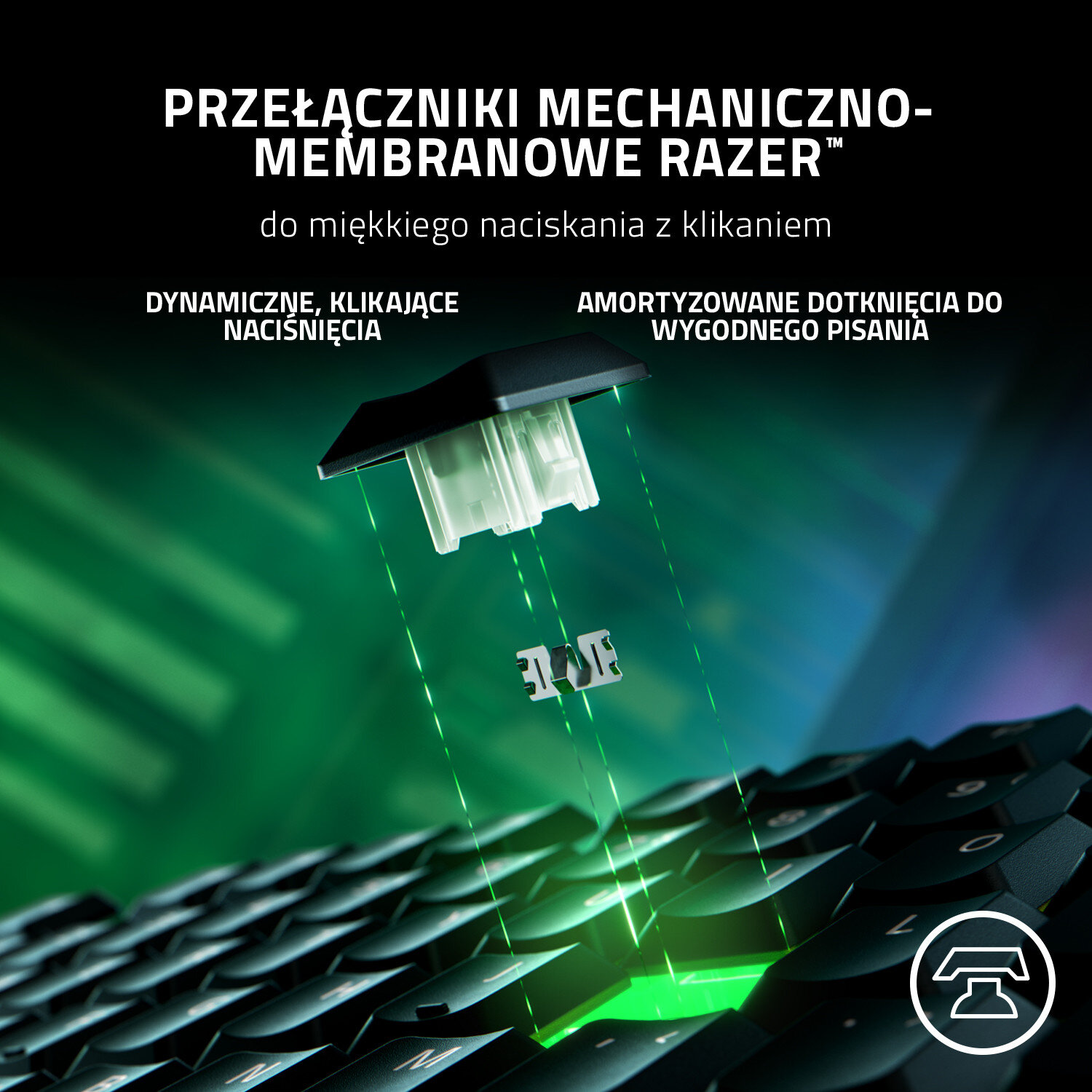 Zbliżenie klawisza klawiatury pokazujące przełącznik mechaniczny, z zielonym podświetleniem i tekstem.
