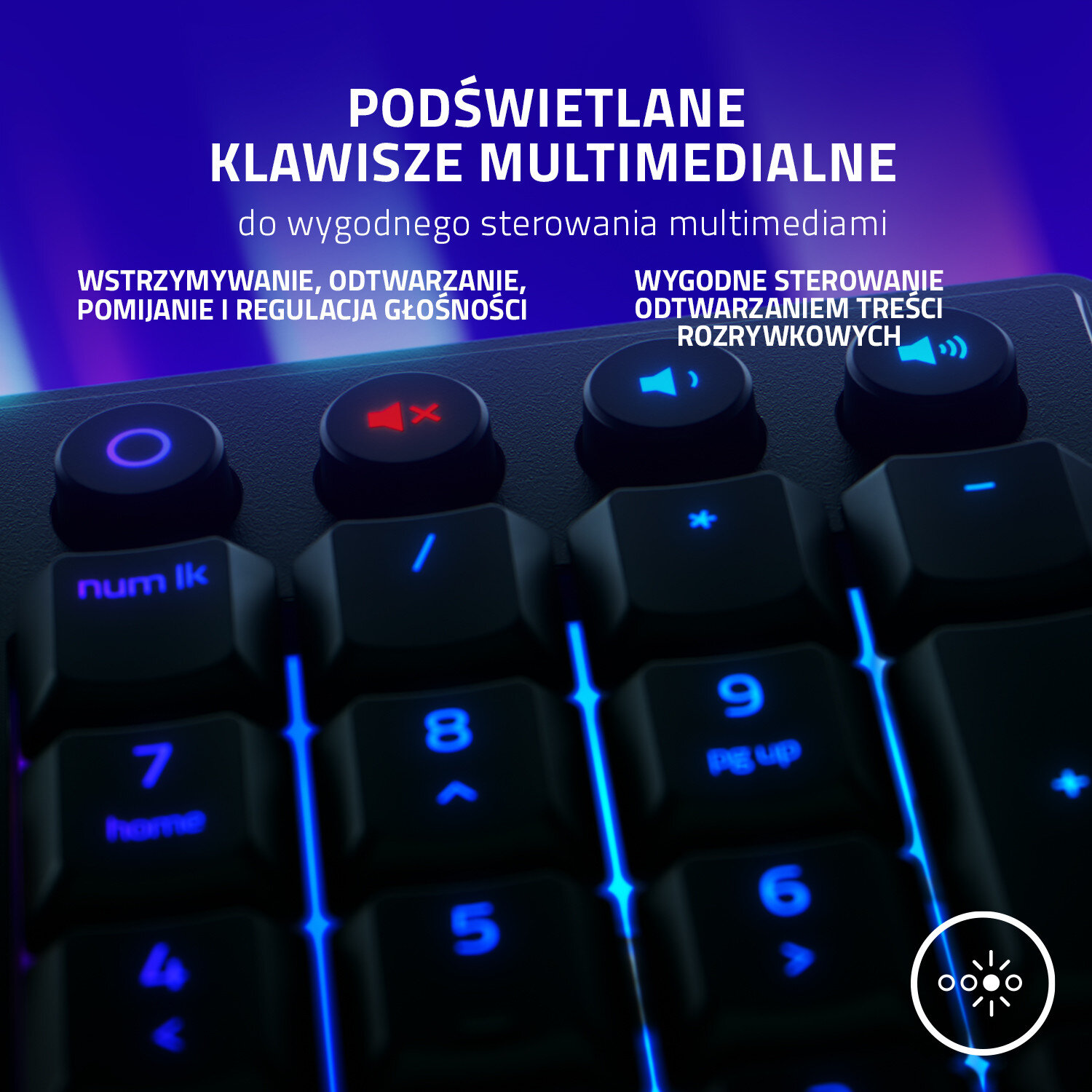 Zbliżenie klawiatury z klawiszami multimedialnymi. Niebieskie podświetlenie podświetla klawisze.